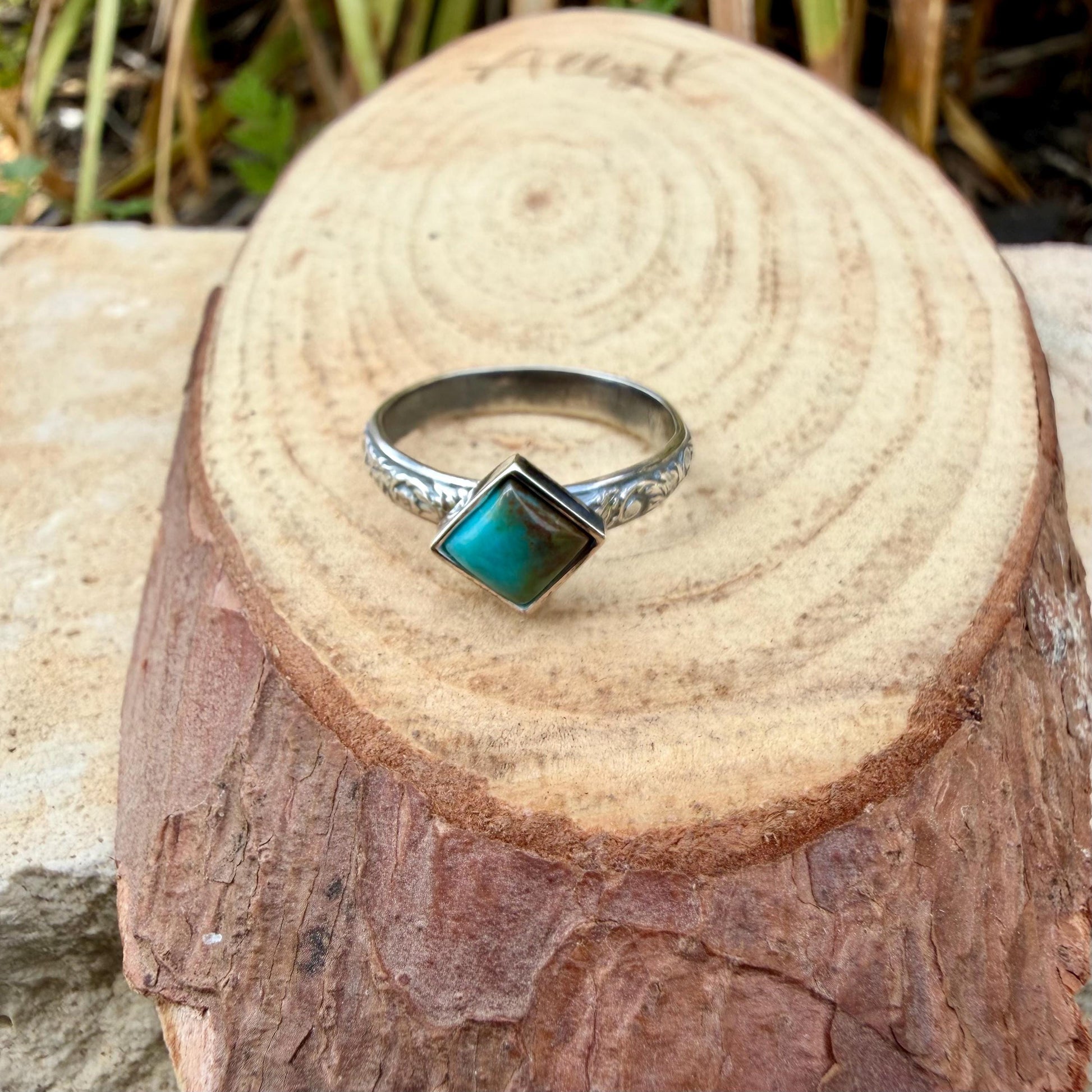 Kingman Turquoise Square Ring • 6mm Sterling Silver Stacking Band • Southwest Jewelry