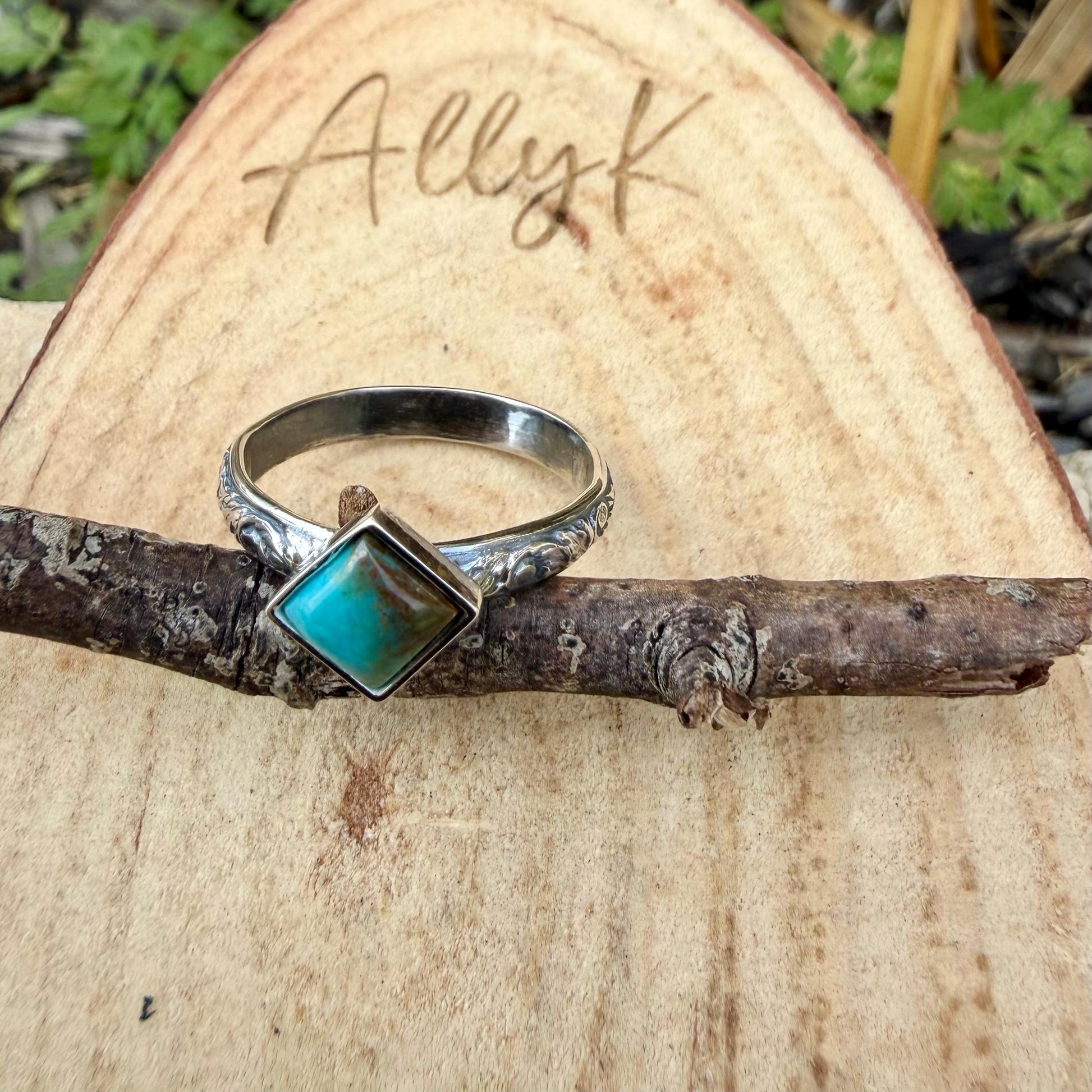 Kingman Turquoise Square Ring • 6mm Sterling Silver Stacking Band • Southwest Jewelry