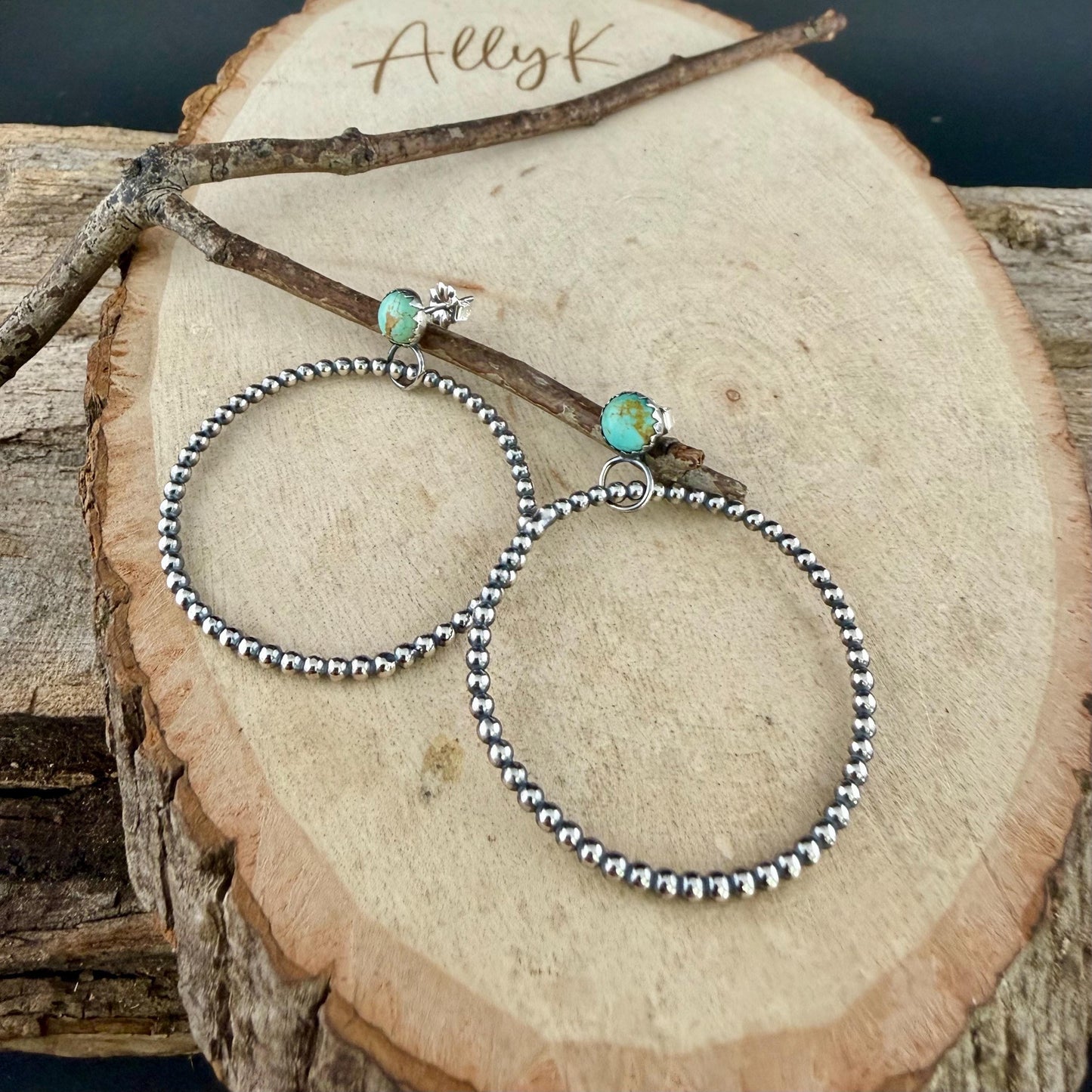 Sterling Silver Turquoise Hoop & Post Earrings • 6mm Kingman Turquoise • Custom Size