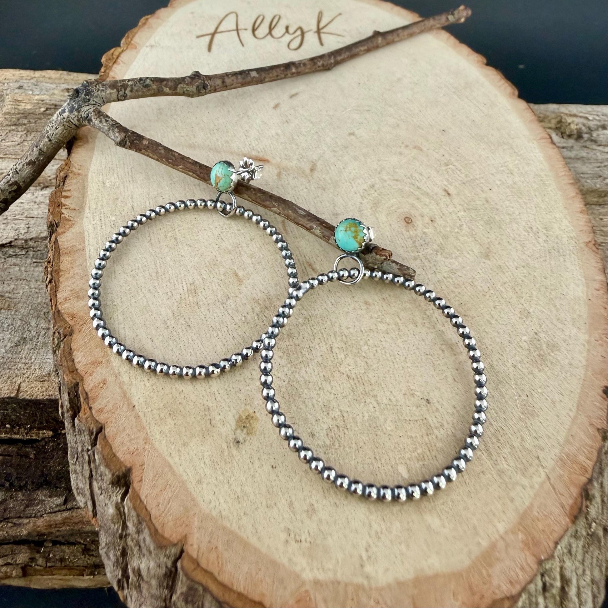 Sterling Silver Turquoise Hoop & Post Earrings • 6mm Kingman Turquoise • Custom Size