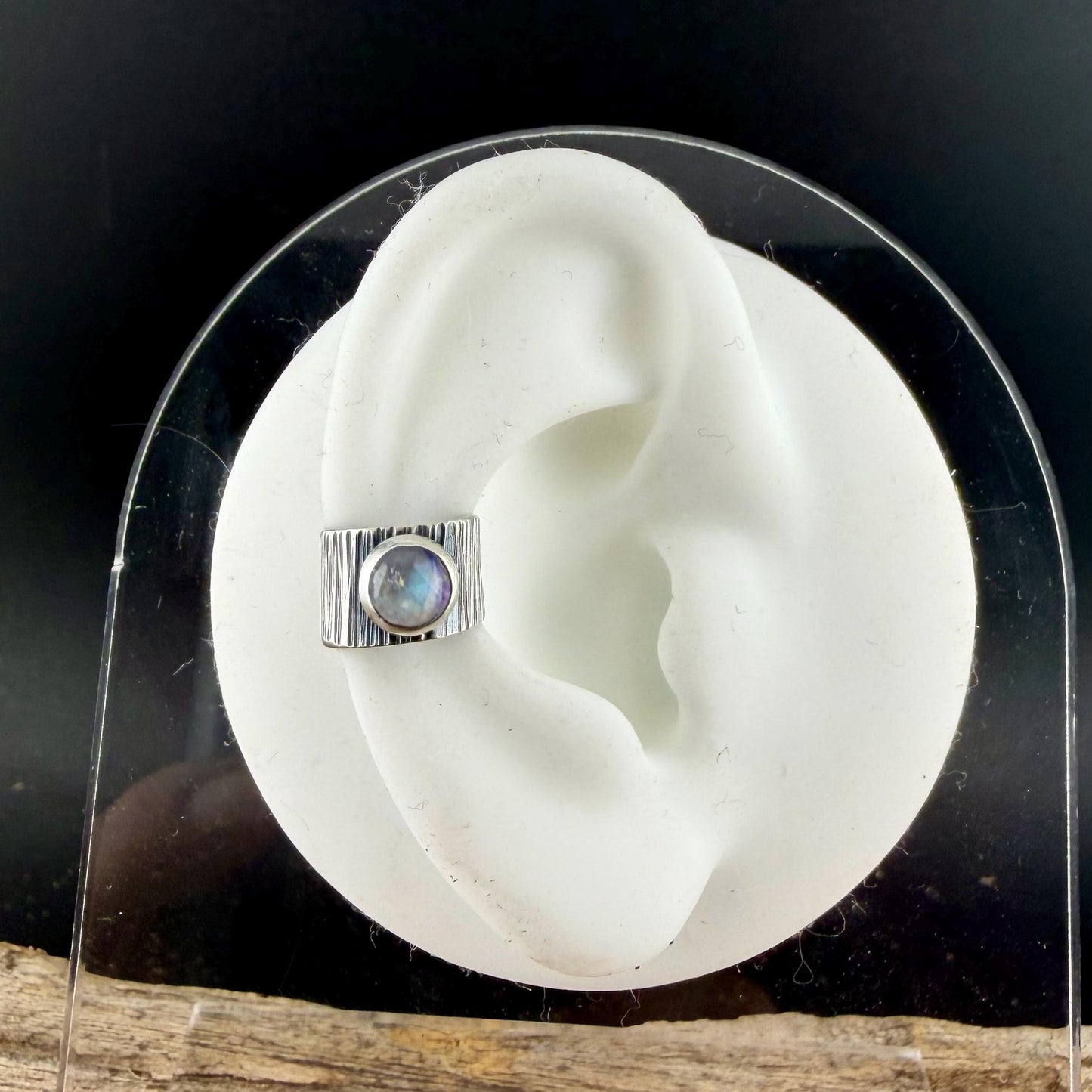 Sterling Silver Moonstone Ear Cuff • Deep Textured Band • Faux Conch • No Piercing Needed