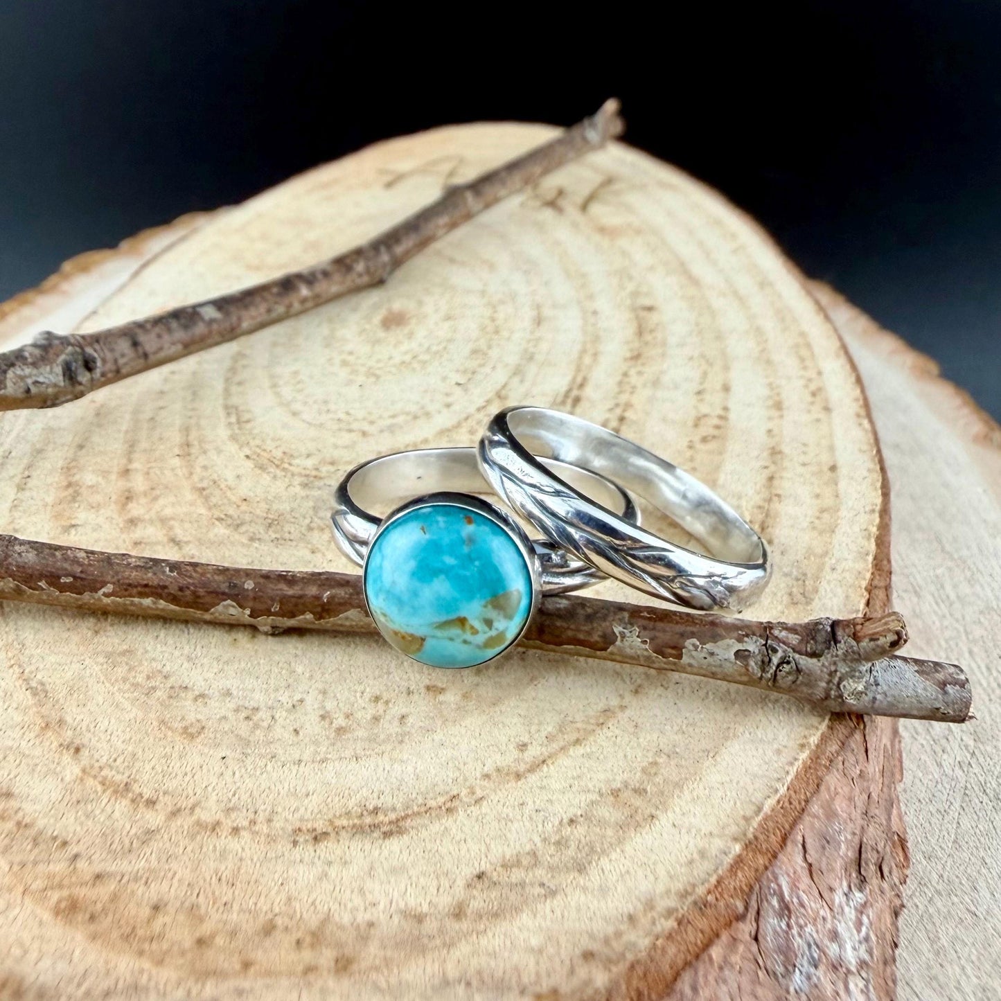 Kingman Turquoise Silver Stackable Rings - Argentium Leaf Band with Turquoise Cabochon