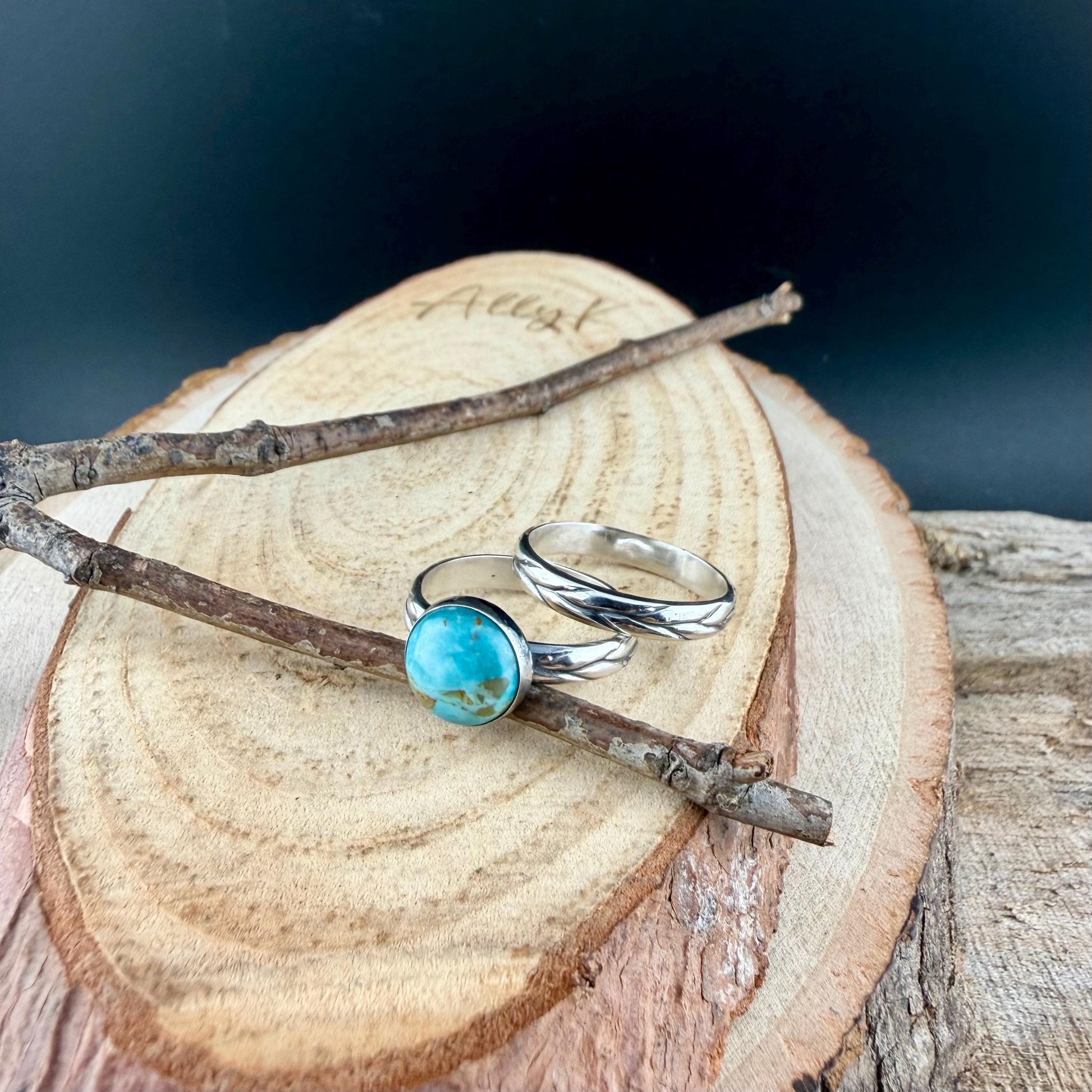 Kingman Turquoise Silver Stackable Rings - Argentium Leaf Band with Turquoise Cabochon