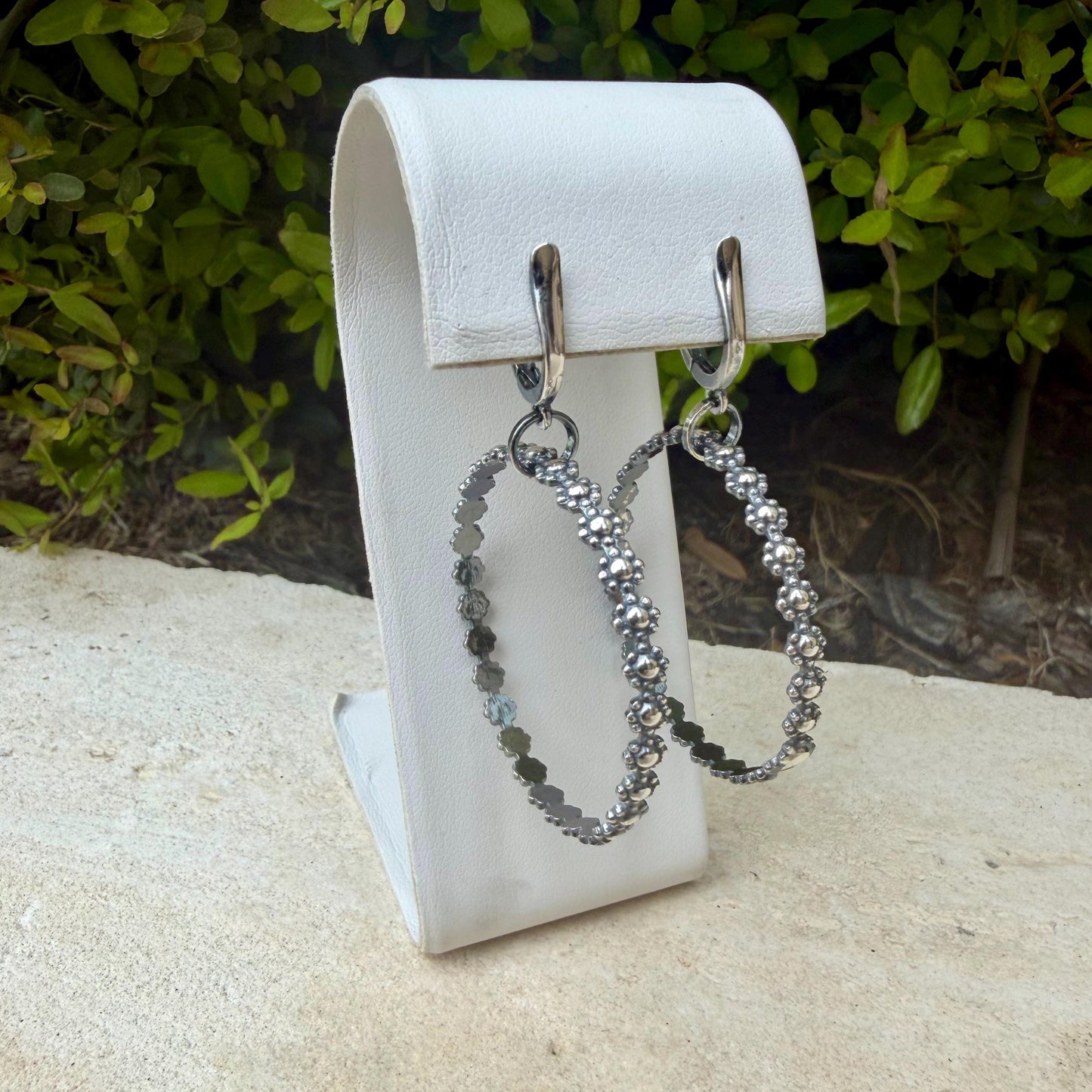 Sterling Silver Lever‑Back Hoop Earrings • Bali Berry Floral Patterned Wire • Handmade Hoops