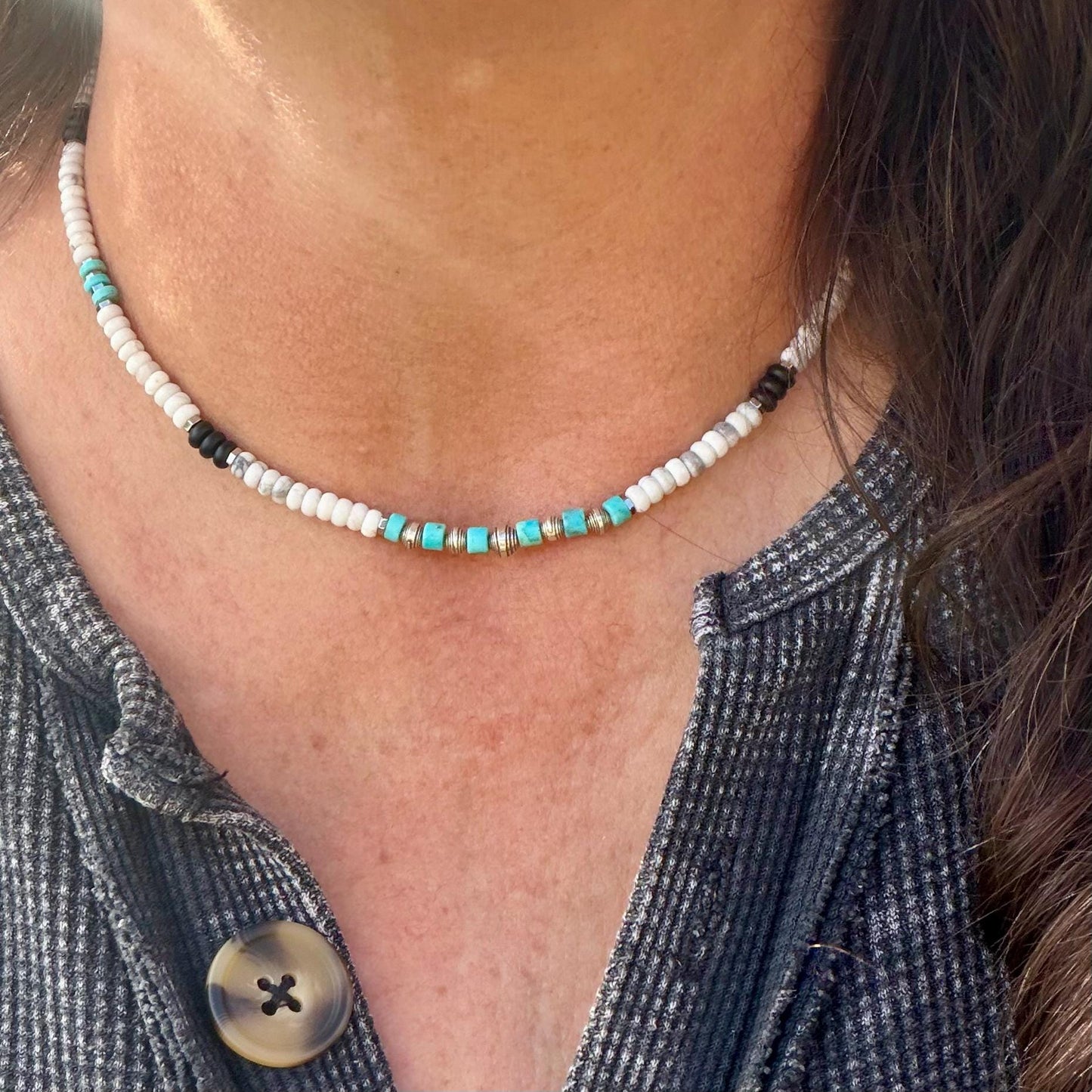Unisex Choker Necklace with Howlite, Onyx, Kingman Turquoise & Hematite