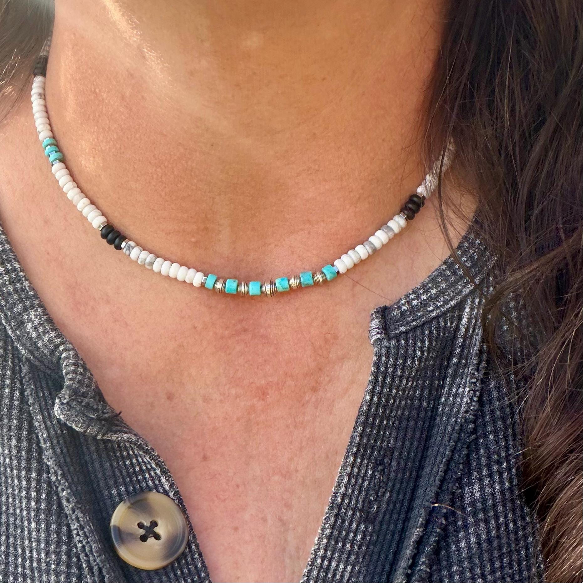 Unisex Choker Necklace with Howlite, Onyx, Kingman Turquoise & Hematite