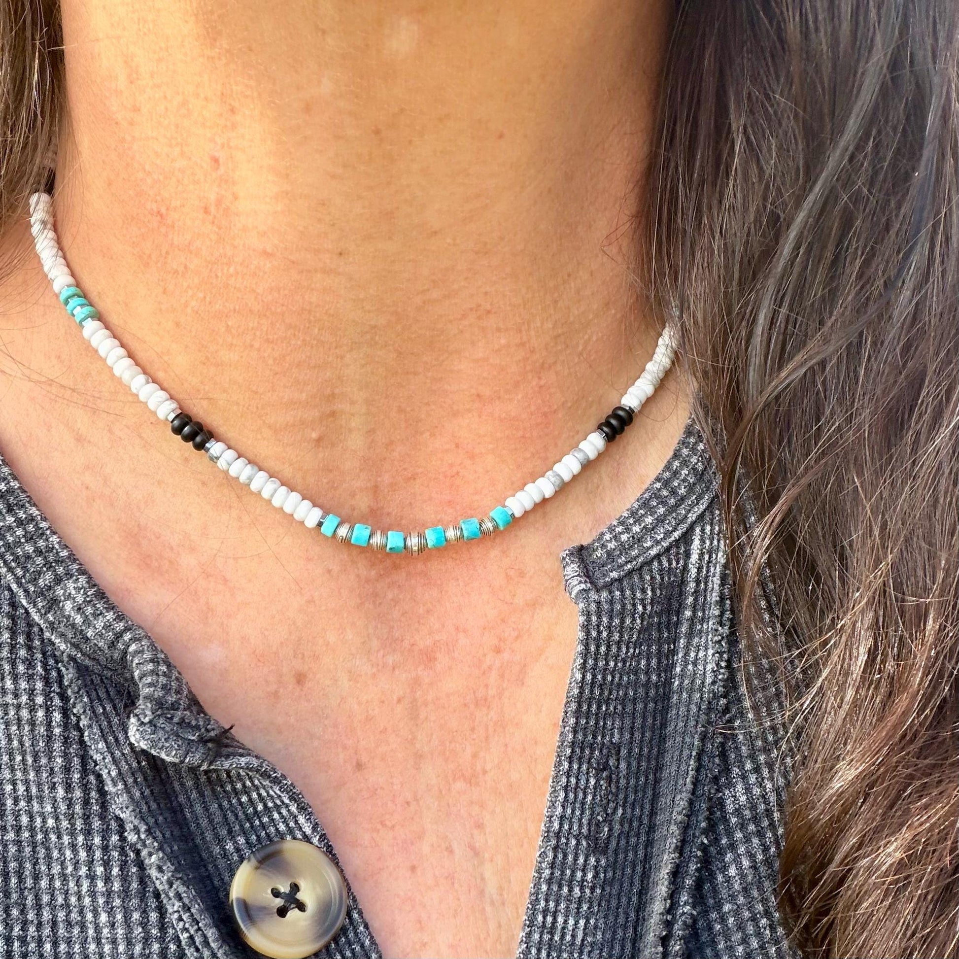 Unisex Choker Necklace with Howlite, Onyx, Kingman Turquoise & Hematite
