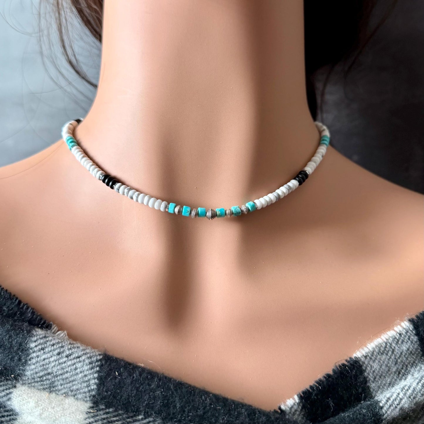 Unisex Choker Necklace with Howlite, Onyx, Kingman Turquoise & Hematite