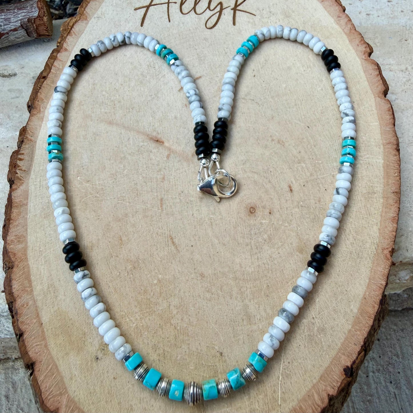Unisex Choker Necklace with Howlite, Onyx, Kingman Turquoise & Hematite