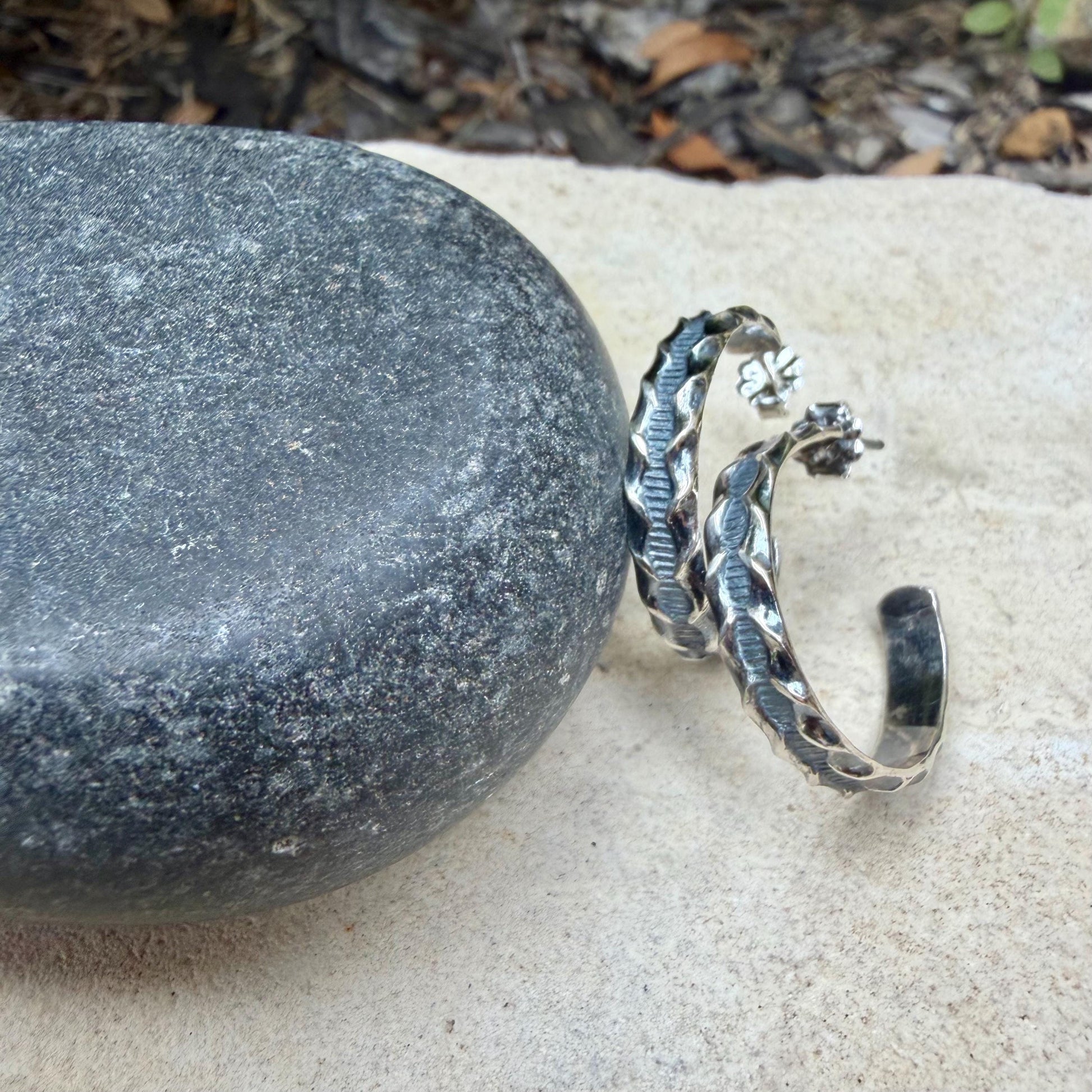 Sterling Silver Hoop Earrings • Ridged Linear Pattern Hoops • Push‑Back Post Style