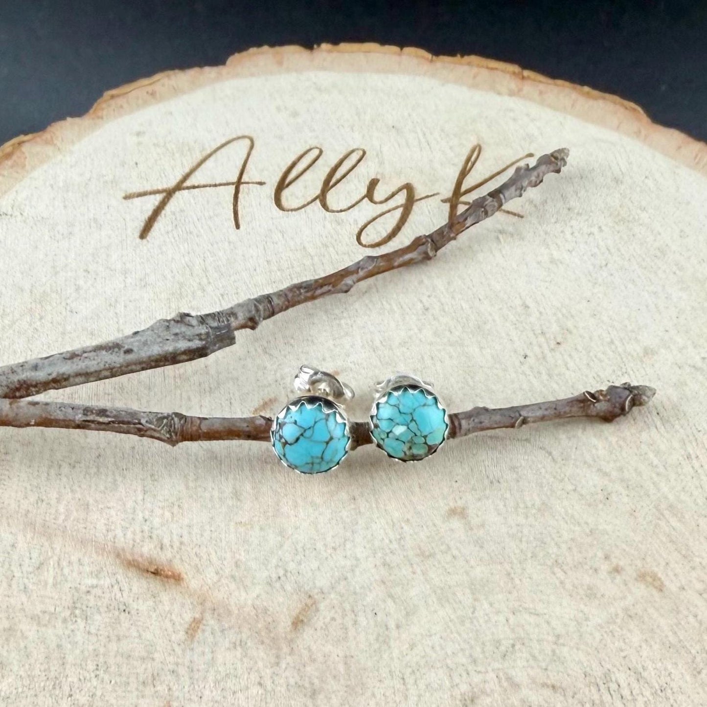 6mm Royston Turquoise Stud Earrings • Sterling Silver • Smooth or Serrated Bezel