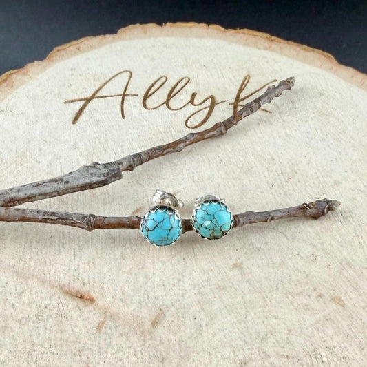 6mm Royston Turquoise Stud Earrings • Sterling Silver • Smooth or Serrated Bezel