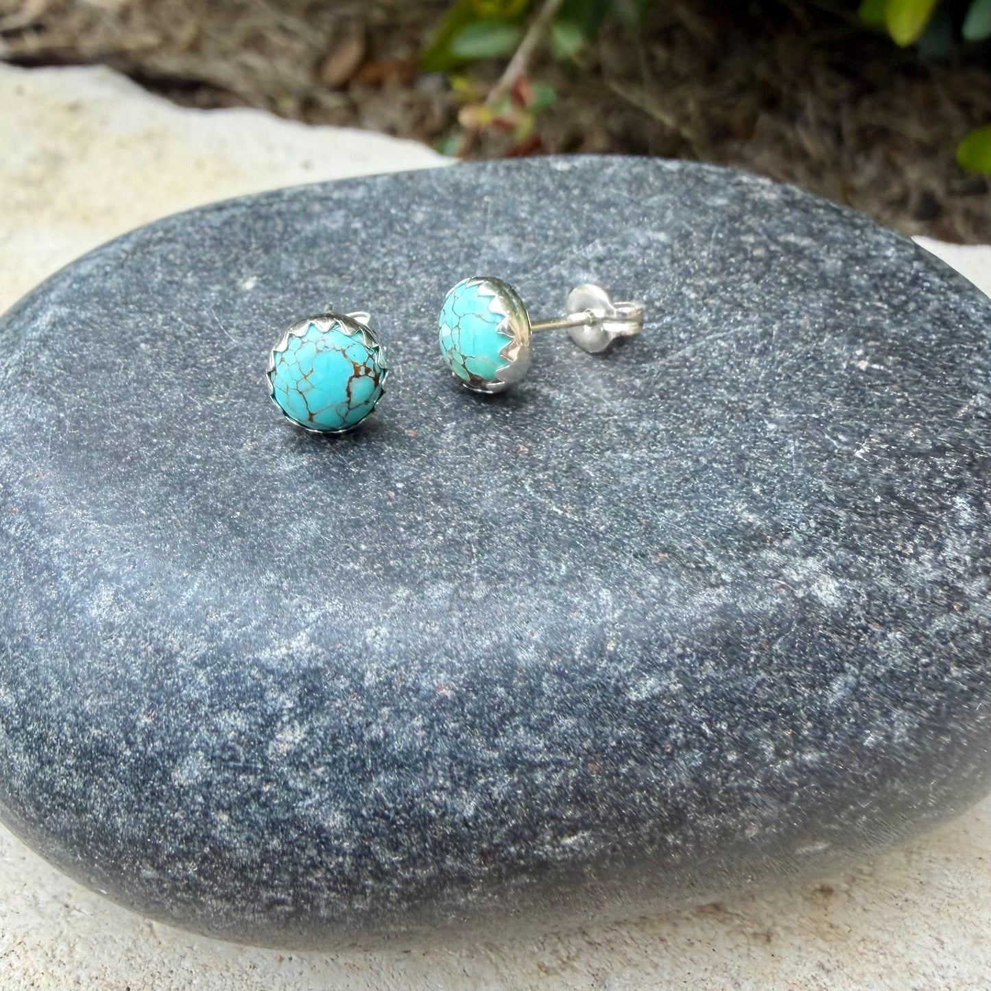 6mm Royston Turquoise Stud Earrings • Sterling Silver • Smooth or Serrated Bezel