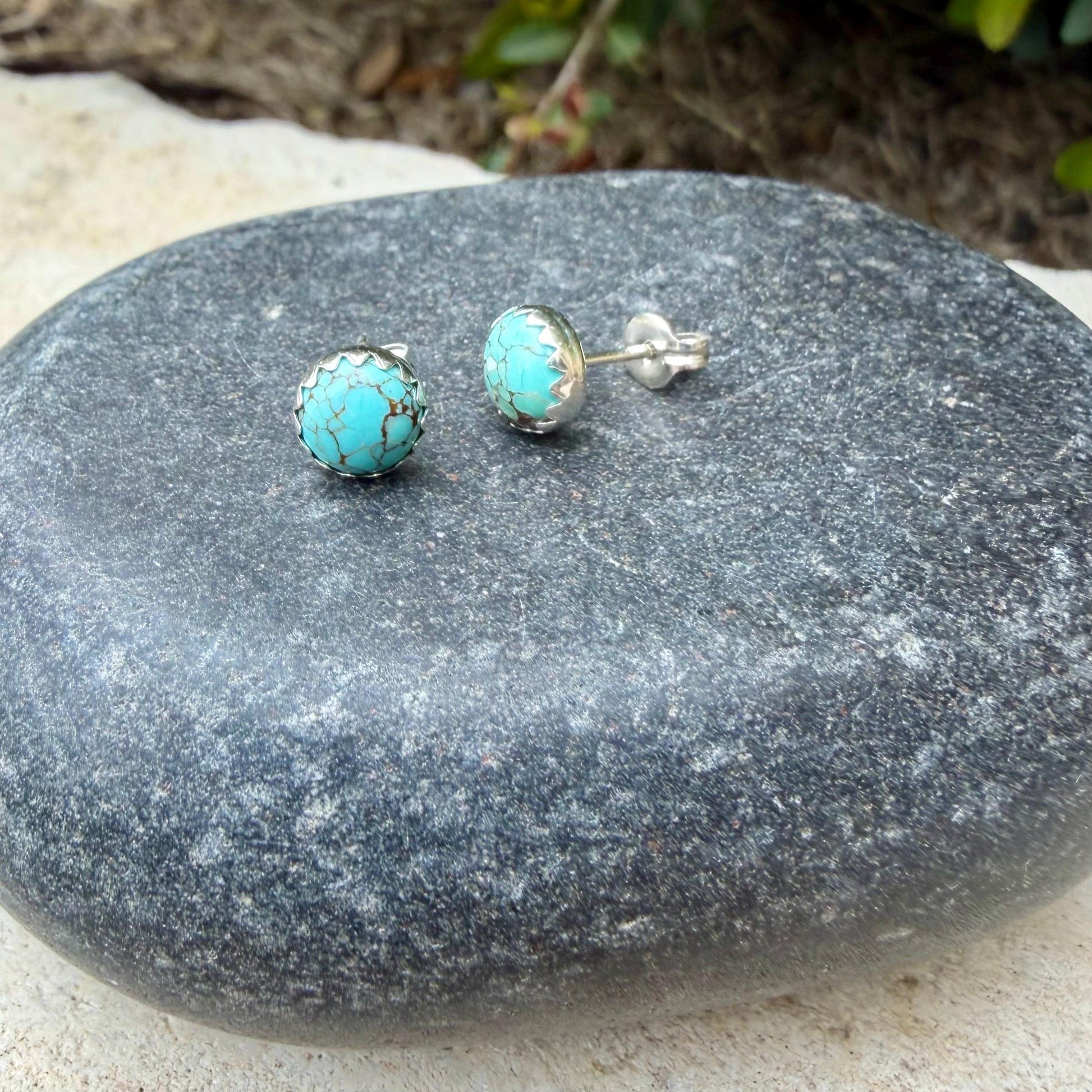 6mm Royston Turquoise Stud Earrings • Sterling Silver • Smooth or Serrated Bezel