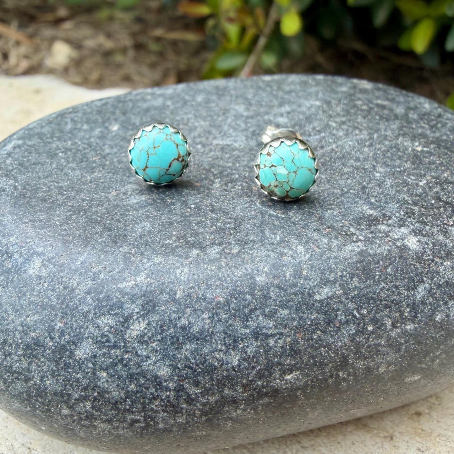 6mm Royston Turquoise Stud Earrings • Sterling Silver • Smooth or Serrated Bezel