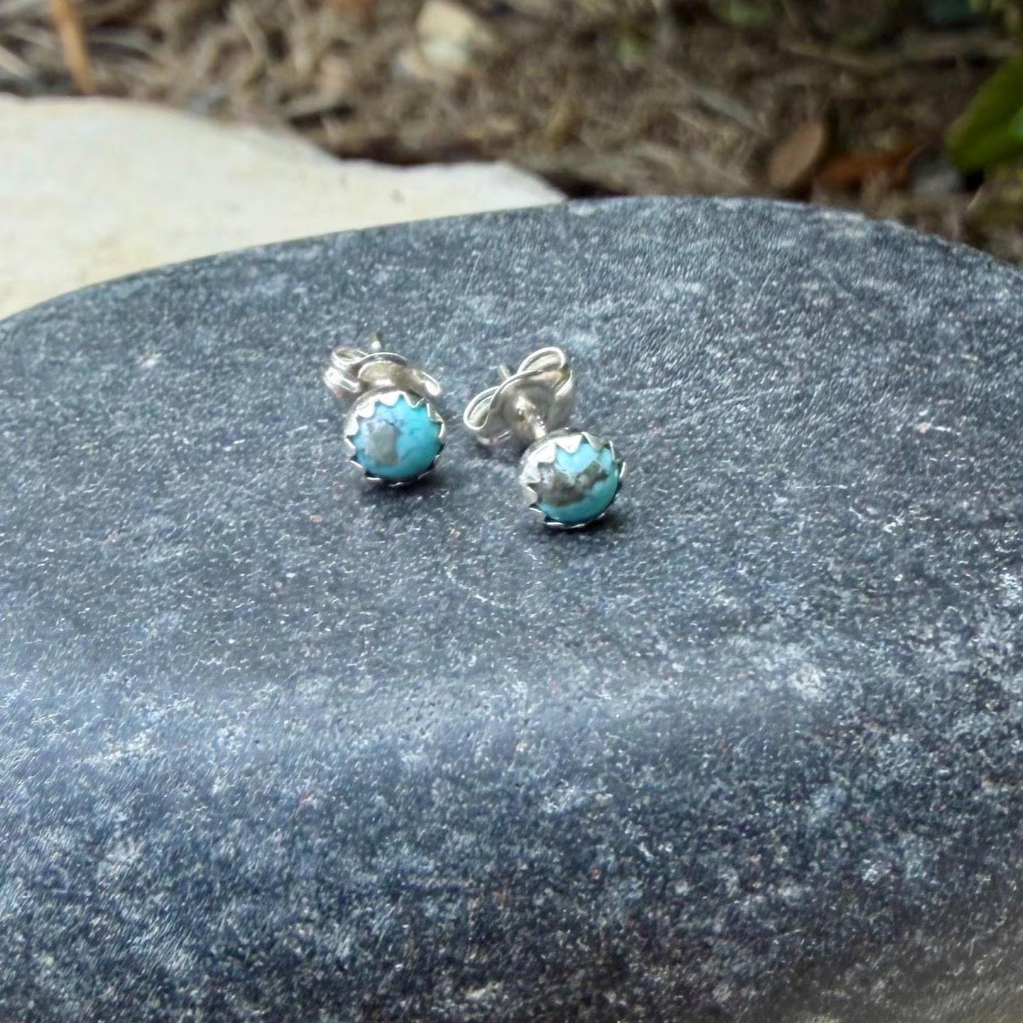 Kingman Turquoise Stud Earrings • Sterling Silver Posts • Smooth or Serrated Bezel (4mm or 5mm)