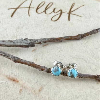 Kingman Turquoise Stud Earrings • Sterling Silver Posts • Smooth or Serrated Bezel (4mm or 5mm)