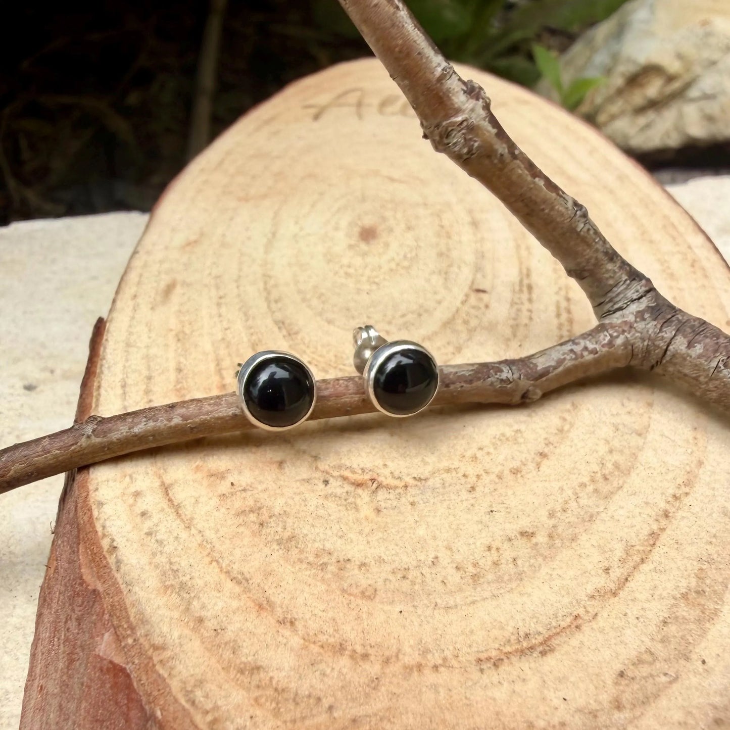 Onyx Stud Earrings • Sterling Silver • 3mm 4mm 6mm • Smooth or Serrated Bezel