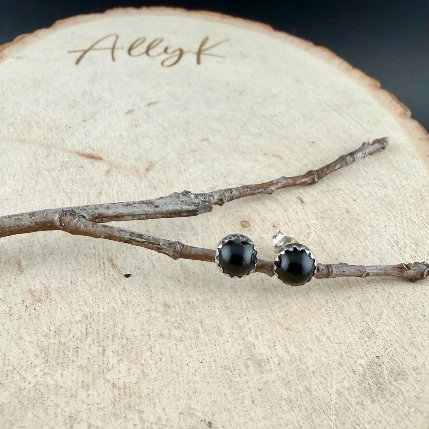 Onyx Stud Earrings • Sterling Silver • 3mm 4mm 6mm • Smooth or Serrated Bezel