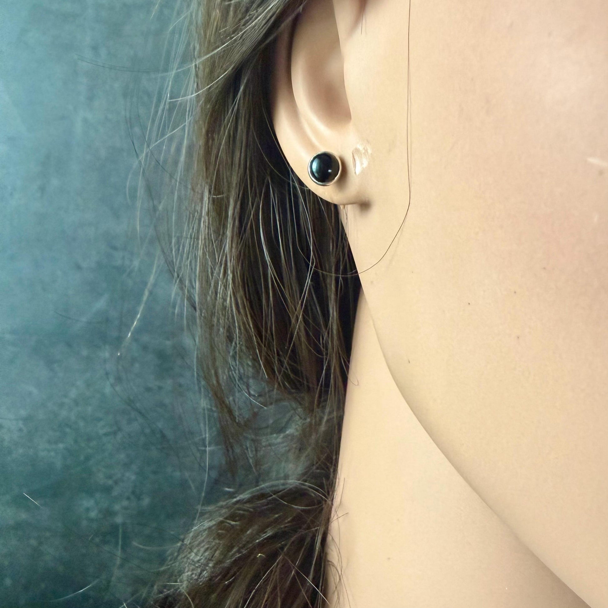 6mm Onyx Stud Earrings • Sterling Silver • Smooth or Serrated Bezel