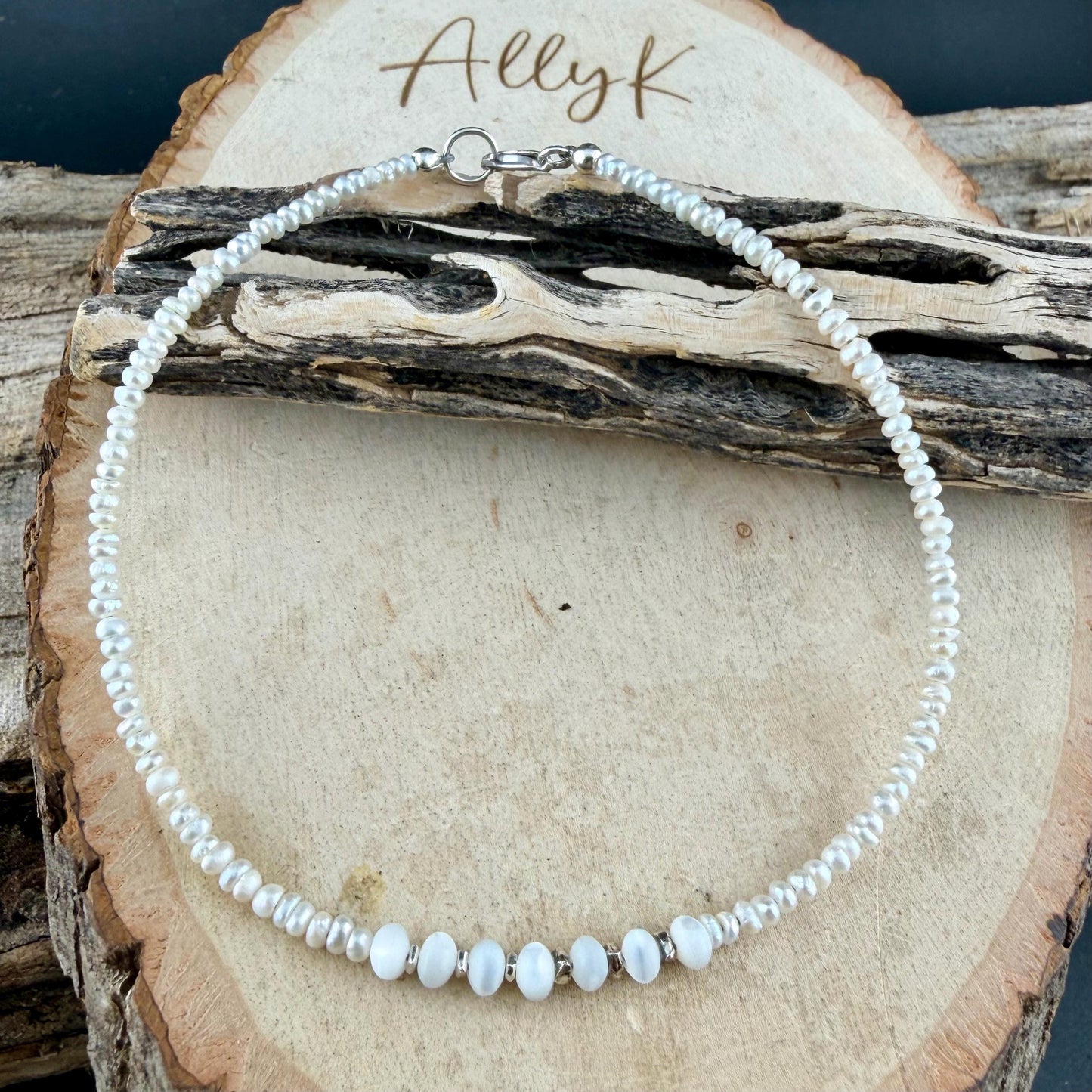 Freshwater Anklet with Mother of Pearl Accent • Sterling Silver Ankle Bracelet