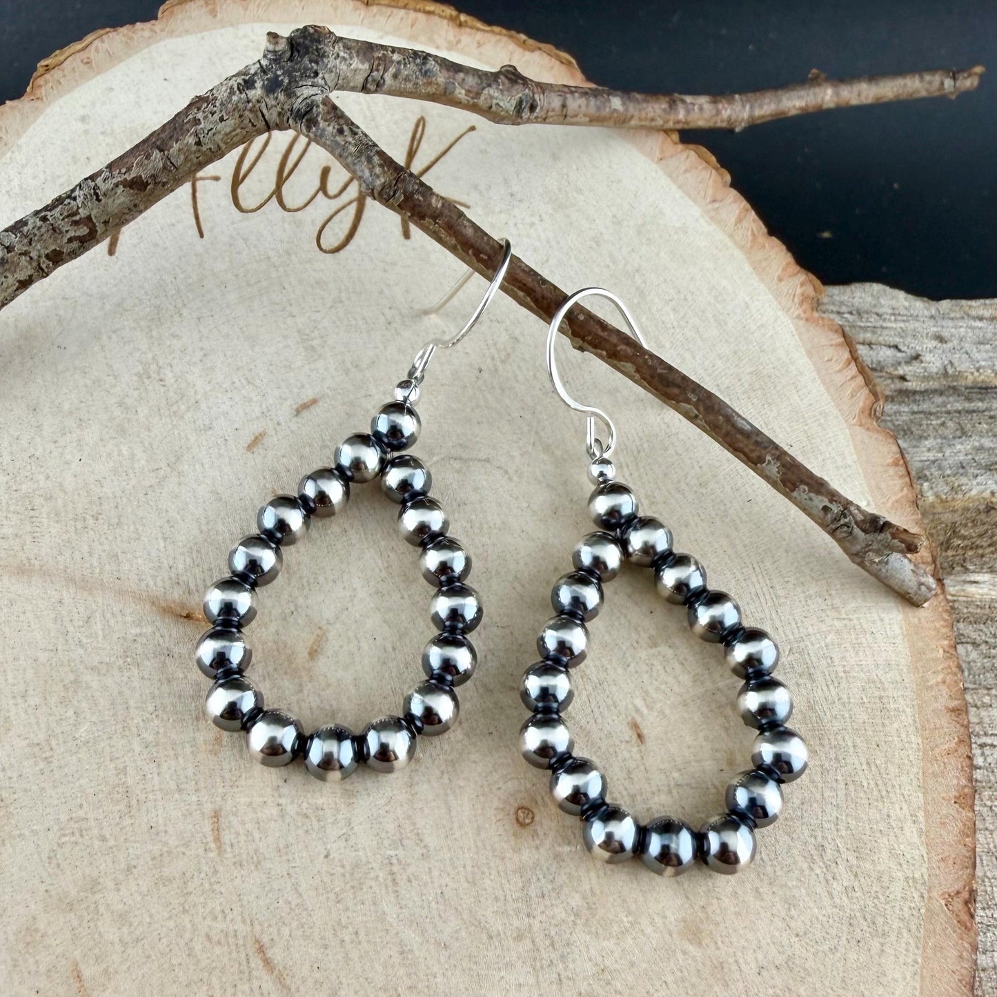 5mm Navajo Pearl Teardrop Earrings • Sterling Silver Southwestern Hoops