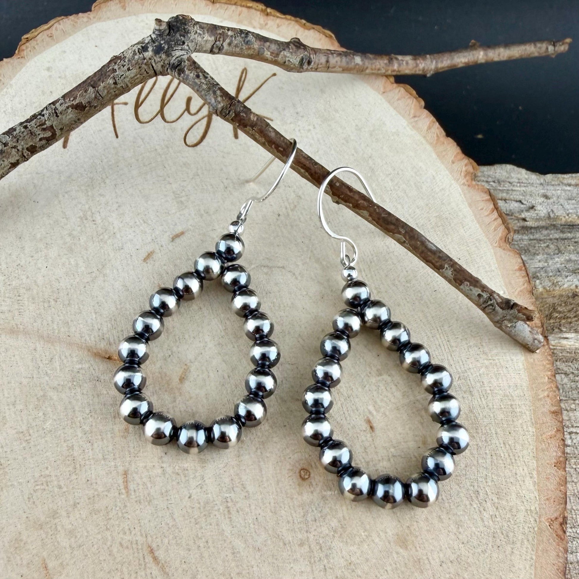 5mm Navajo Pearl Teardrop Earrings • Sterling Silver Southwestern Hoops