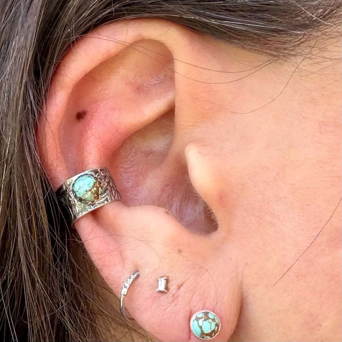 5mm Number 8 Genuine Turquoise Sterling Silver Ear Cuff | Floral Doodle Band, No-Piercing Earring