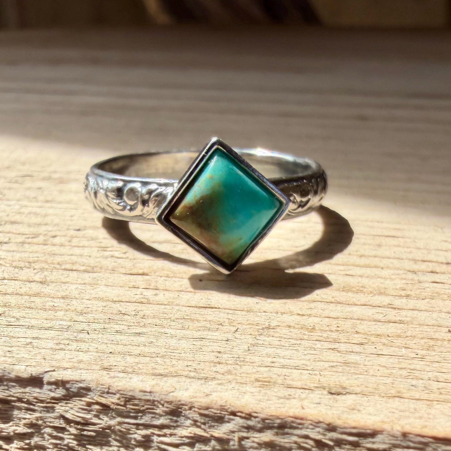 Kingman Turquoise Square Ring • 6mm Sterling Silver Stacking Band • Southwest Jewelry