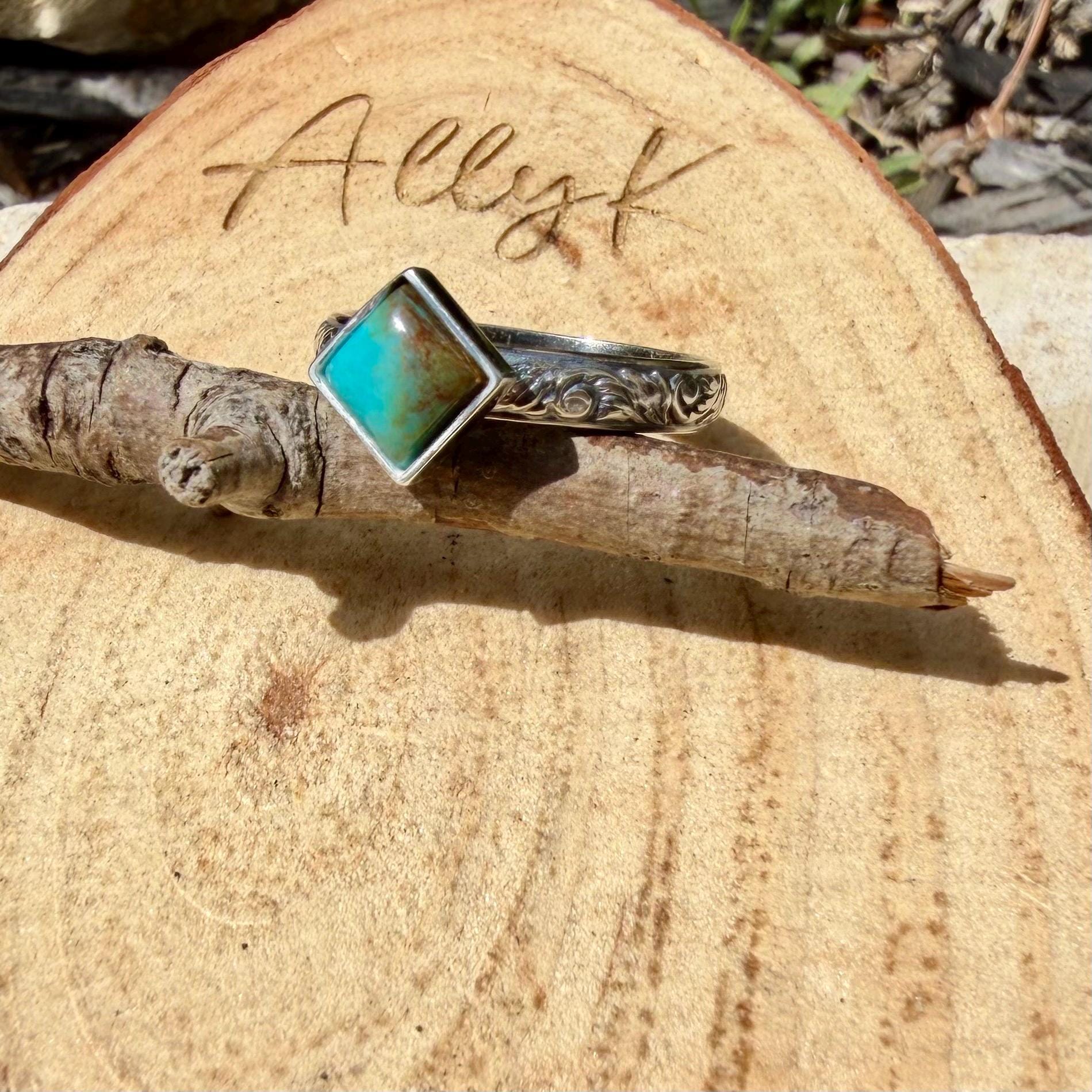 Kingman Turquoise Square Ring • 6mm Sterling Silver Stacking Band • Southwest Jewelry