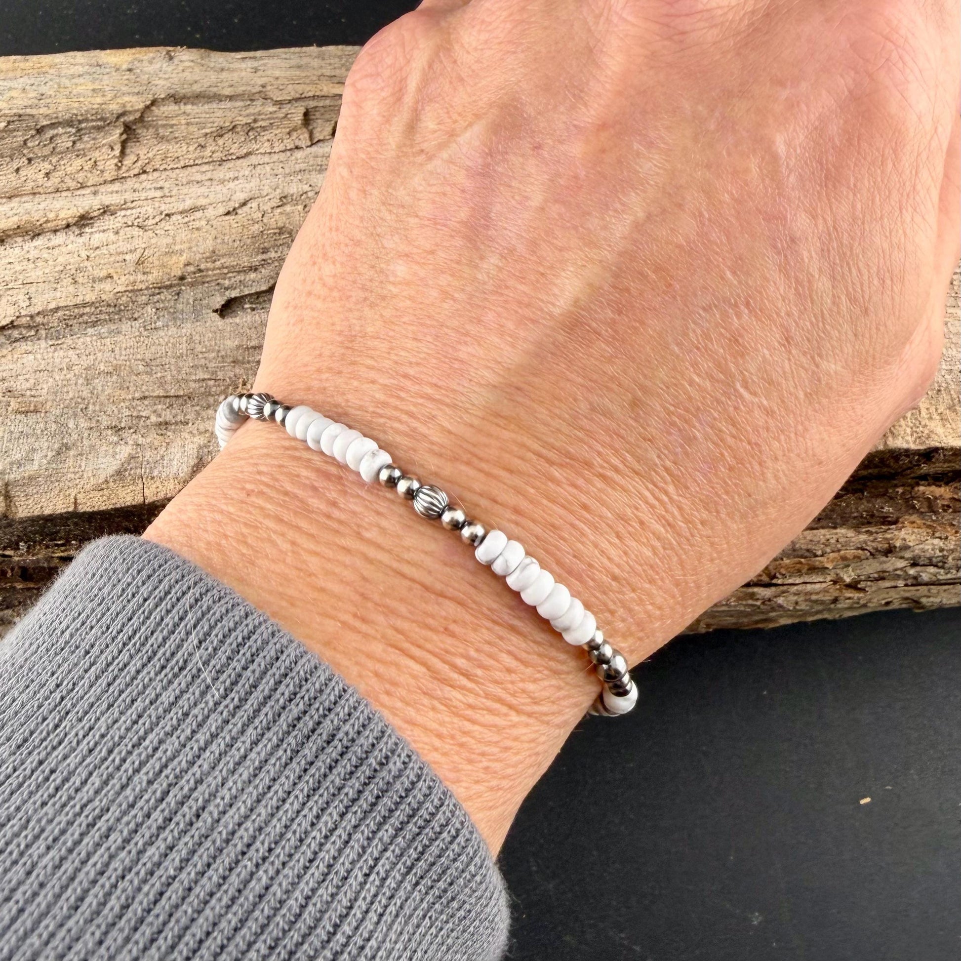 Desert Pearl & White Howlite Bracelet • Sterling Silver Stacker • Southwestern Jewelry
