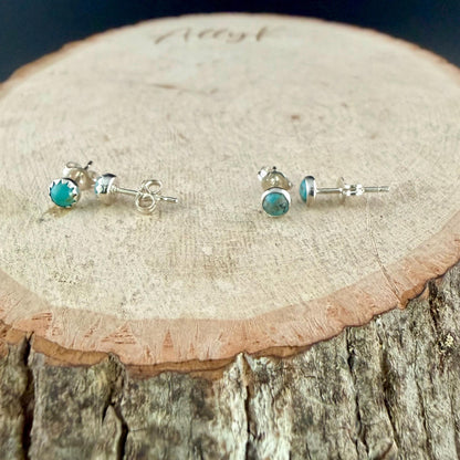 Kingman Turquoise Stud Earrings • Sterling Silver • 4mm 5mm 6mm • Smooth or Serrated Bezel