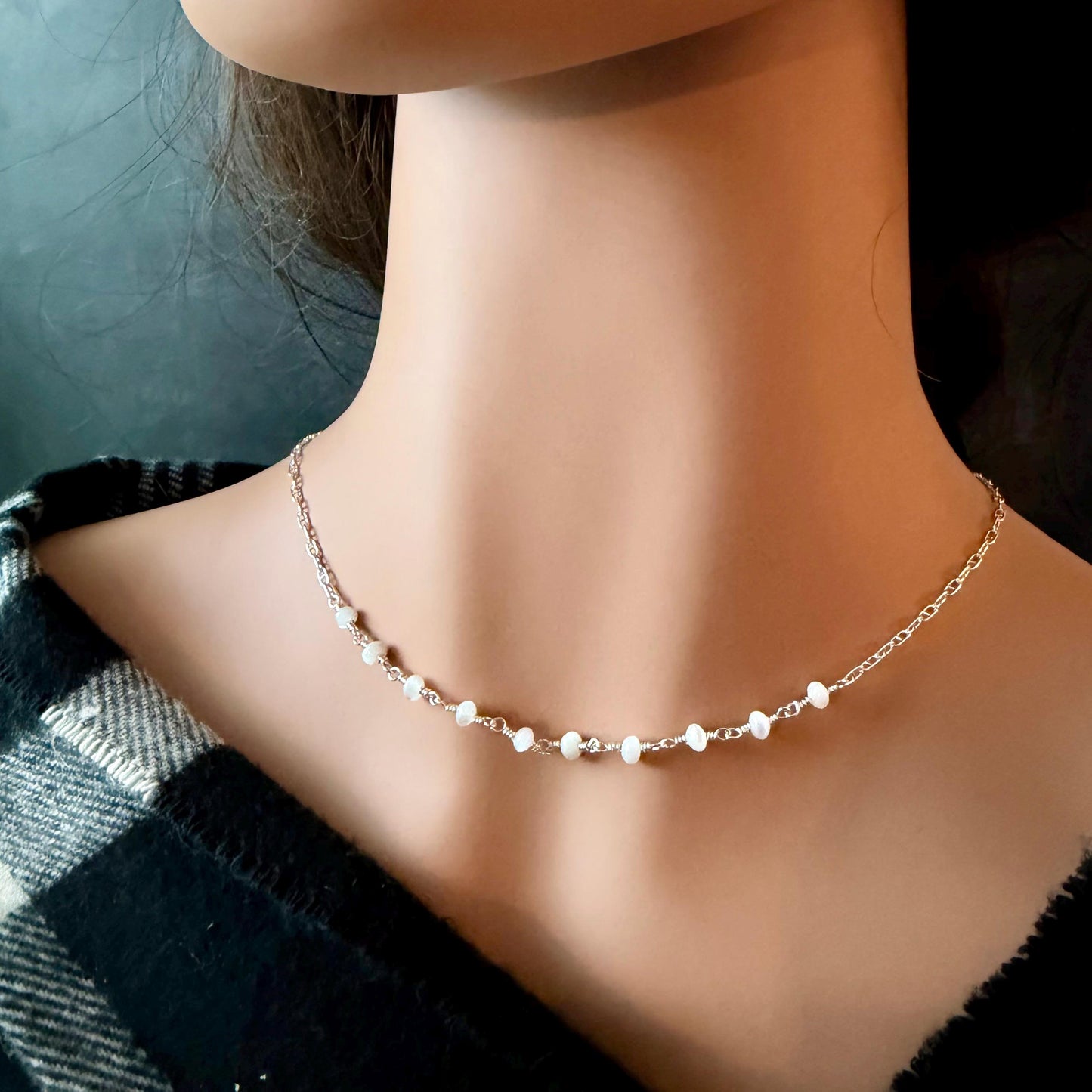 Mother of Pearl Necklace • Sterling Silver Mariner Chain • Hand Wrapped 4mm Pearl Bar Choker