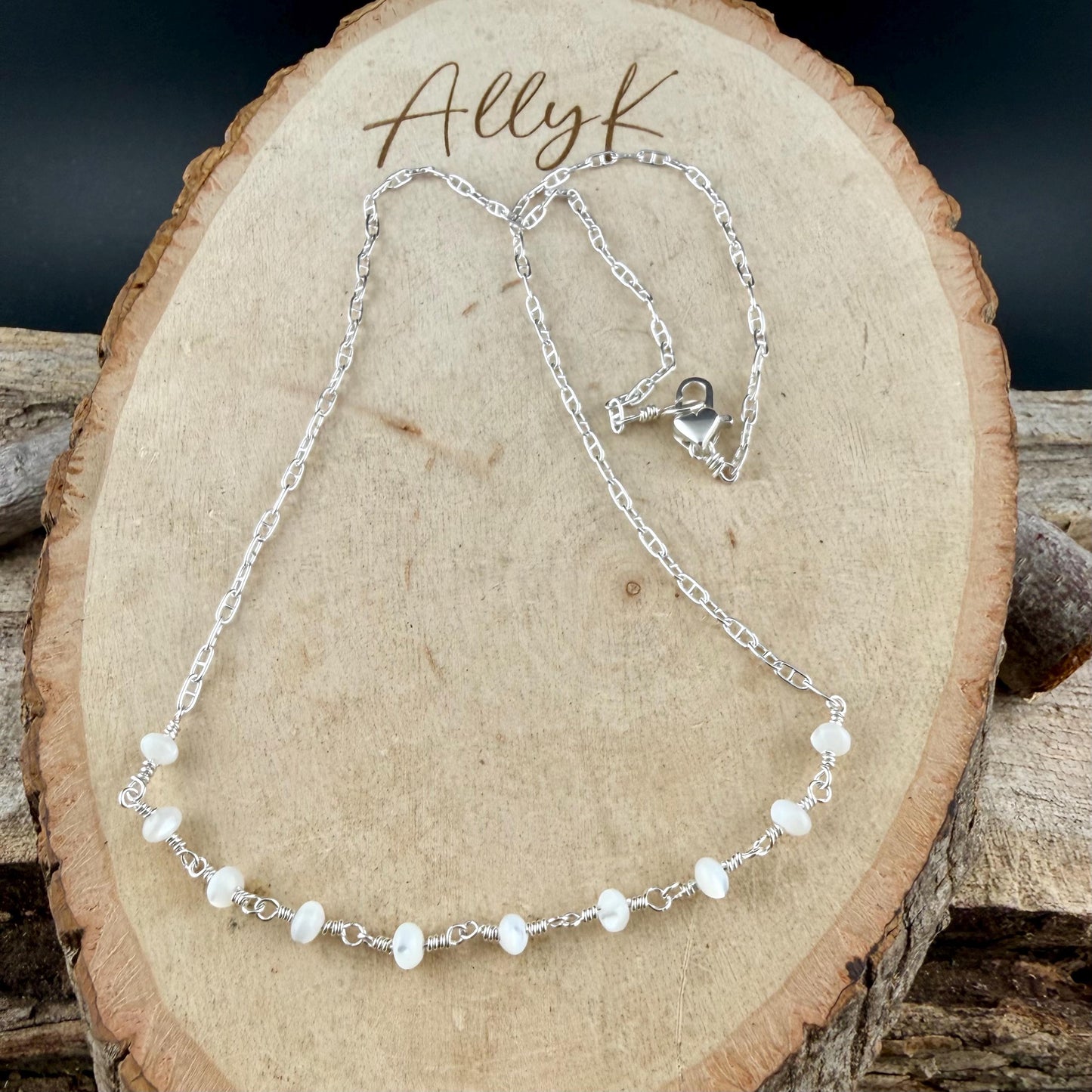 Mother of Pearl Necklace • Sterling Silver Mariner Chain • Hand Wrapped 4mm Pearl Bar Choker