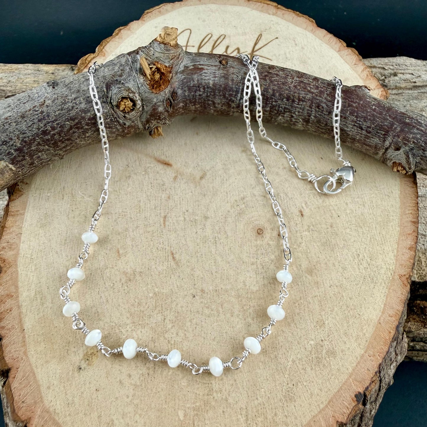 Mother of Pearl Necklace • Sterling Silver Mariner Chain • Hand Wrapped 4mm Pearl Bar Choker
