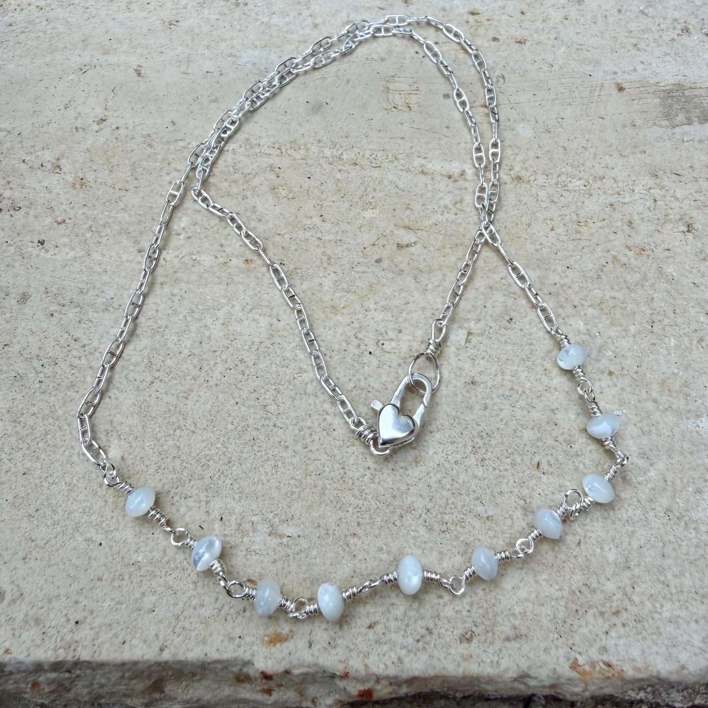 Mother of Pearl Necklace • Sterling Silver Mariner Chain • Hand Wrapped 4mm Pearl Bar Choker