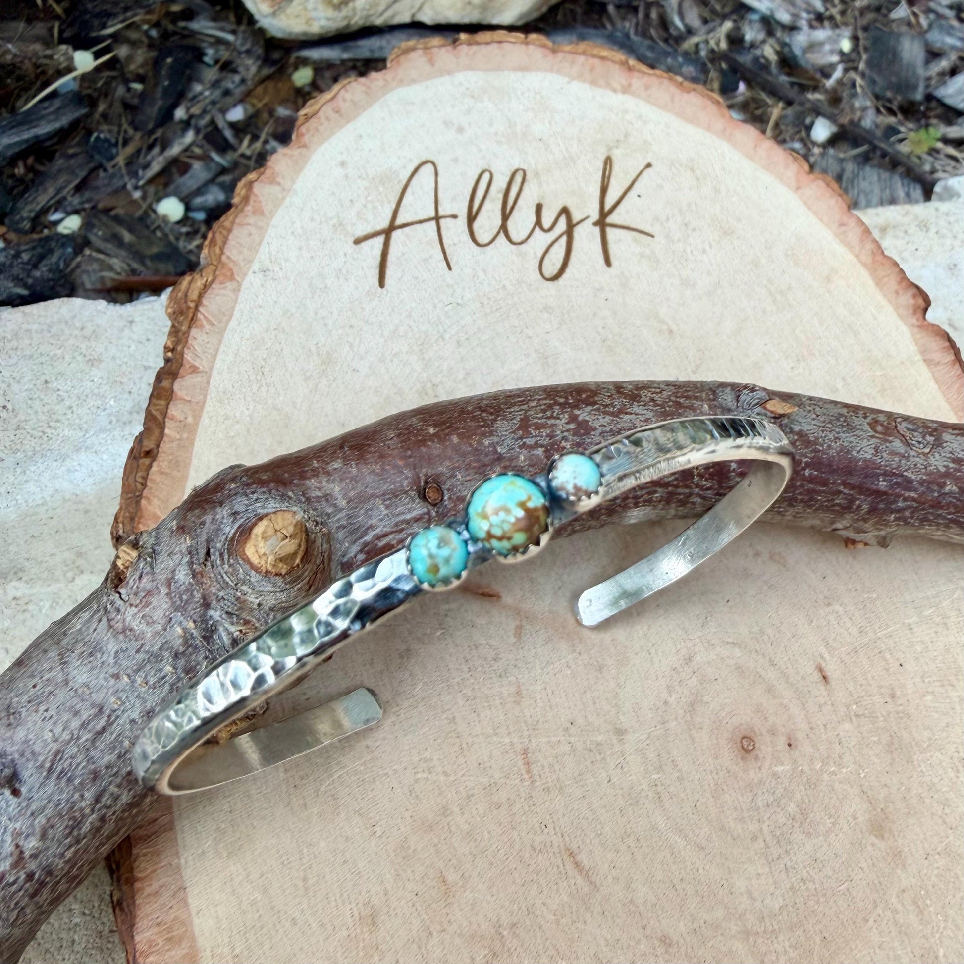 Sterling Silver Cuff Bracelet • Number 8 Turquoise • Hammered Triple Stone Cuff