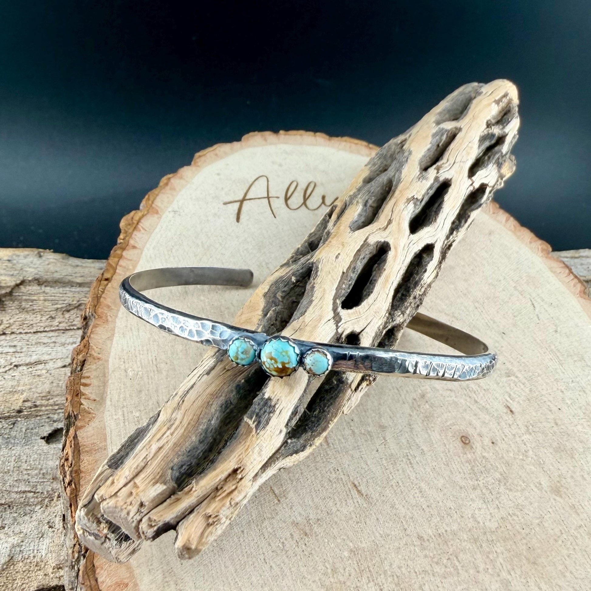 Sterling Silver Cuff Bracelet • Number 8 Turquoise • Hammered Triple Stone Cuff