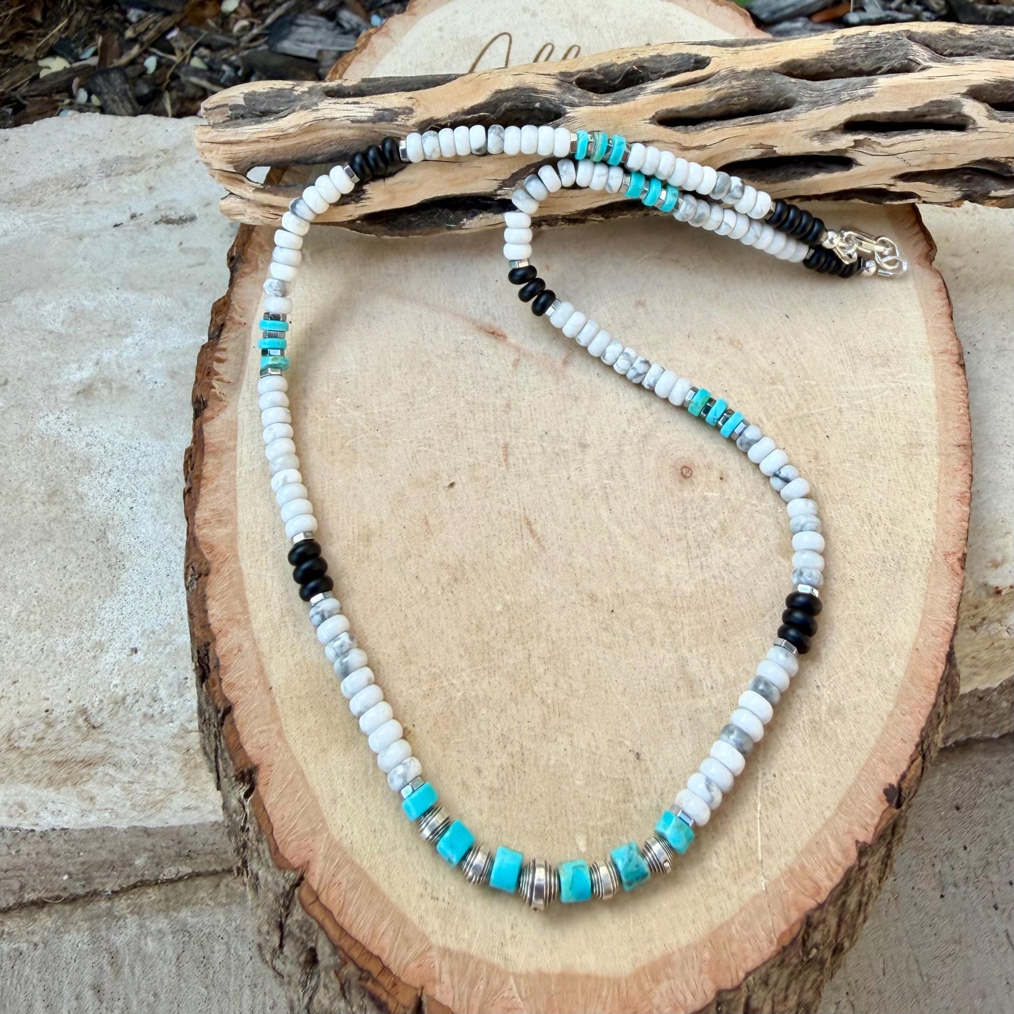 Unisex Choker Necklace with Howlite, Onyx, Kingman Turquoise & Hematite