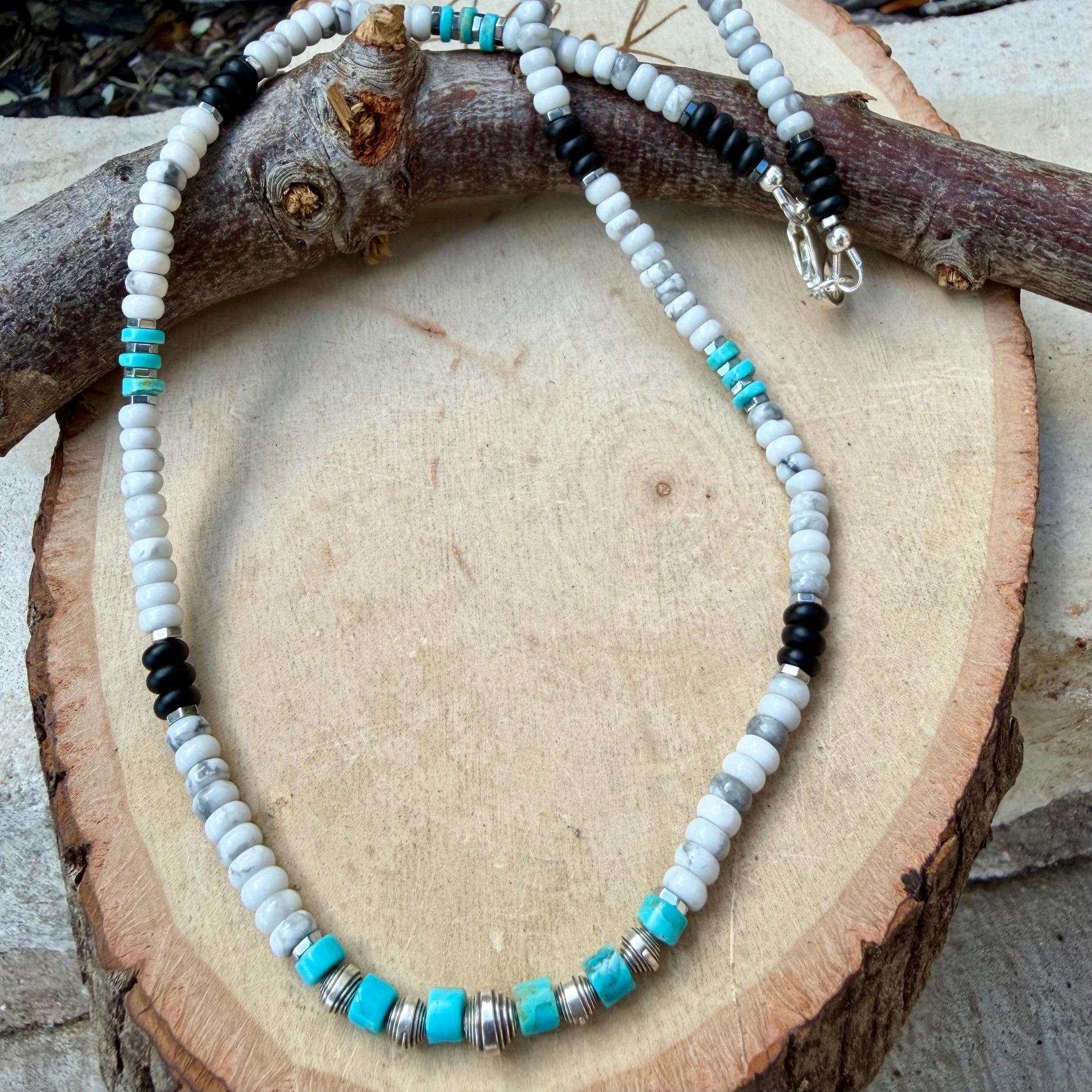 Unisex Choker Necklace with Howlite, Onyx, Kingman Turquoise & Hematite