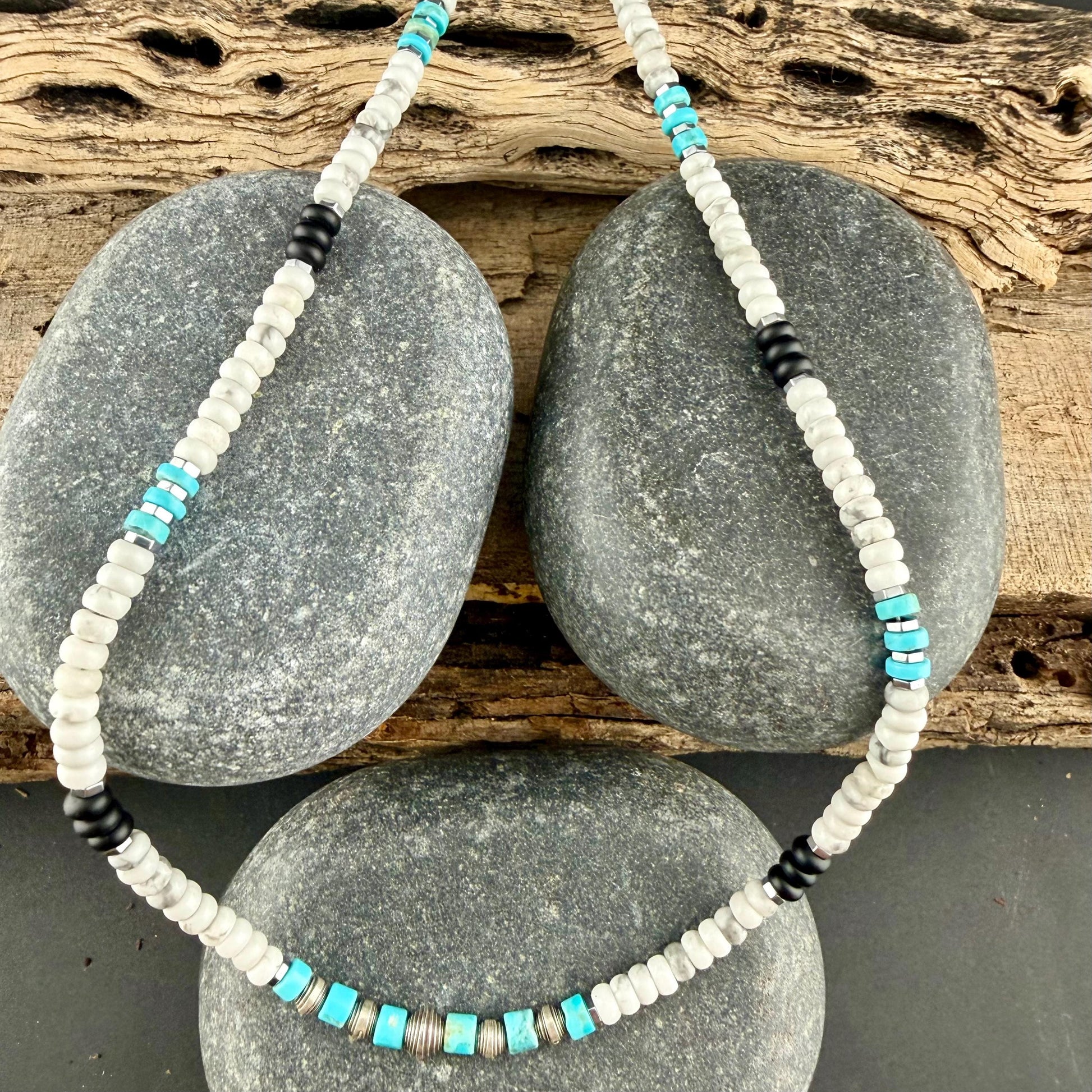 Unisex Choker Necklace with Howlite, Onyx, Kingman Turquoise & Hematite