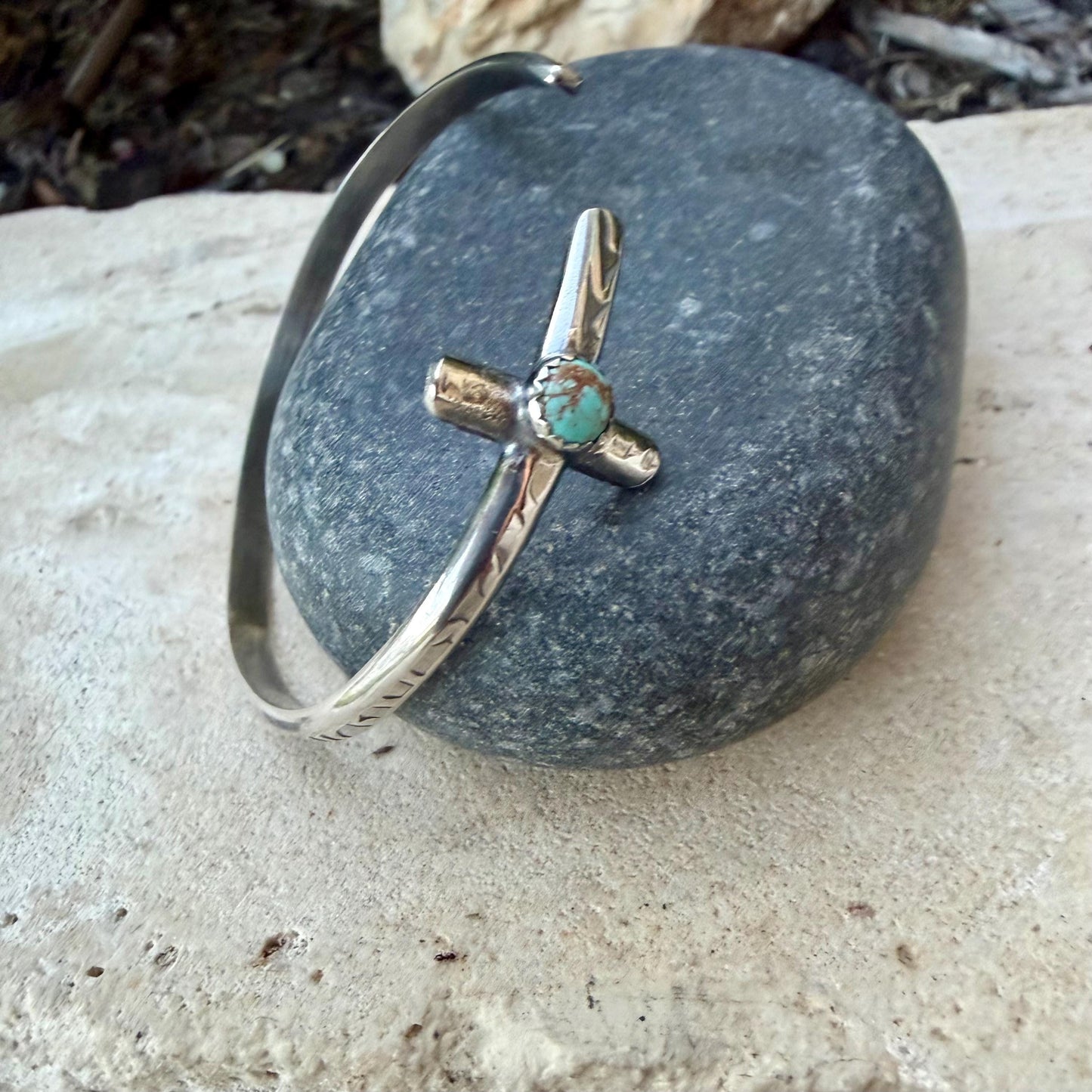 Sterling Silver Cross Cuff Bracelet • Number 8 Turquoise • Rustic Southwestern Faith Jewelry