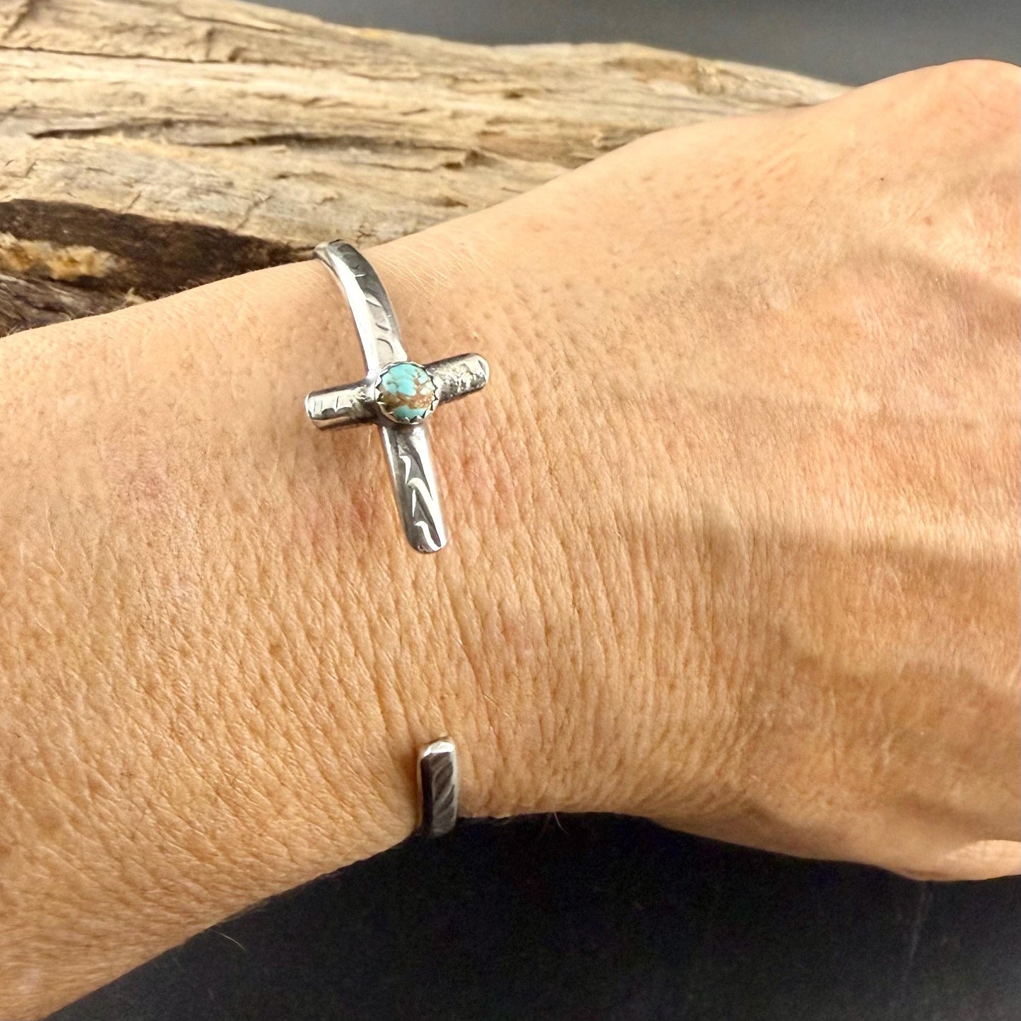 Sterling Silver Cross Cuff Bracelet • Number 8 Turquoise • Rustic Southwestern Faith Jewelry