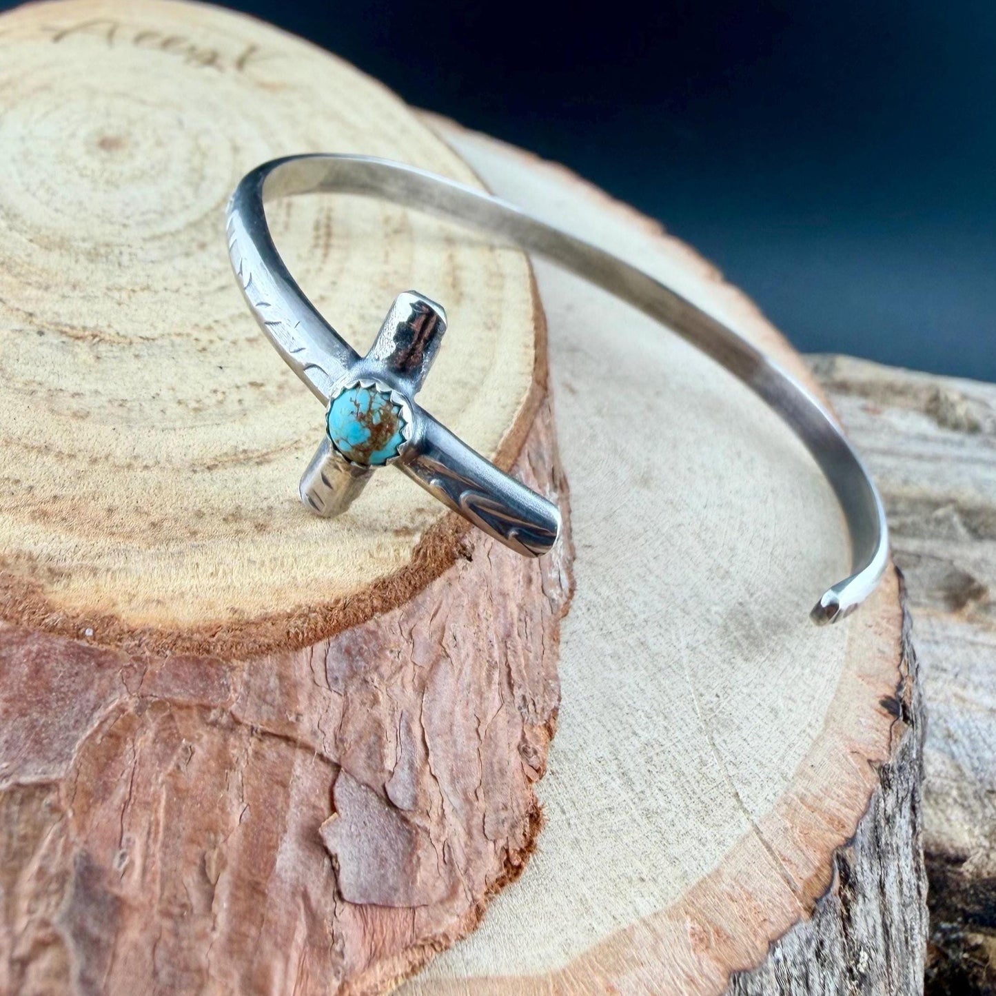 Sterling Silver Cross Cuff Bracelet • Number 8 Turquoise • Rustic Southwestern Faith Jewelry