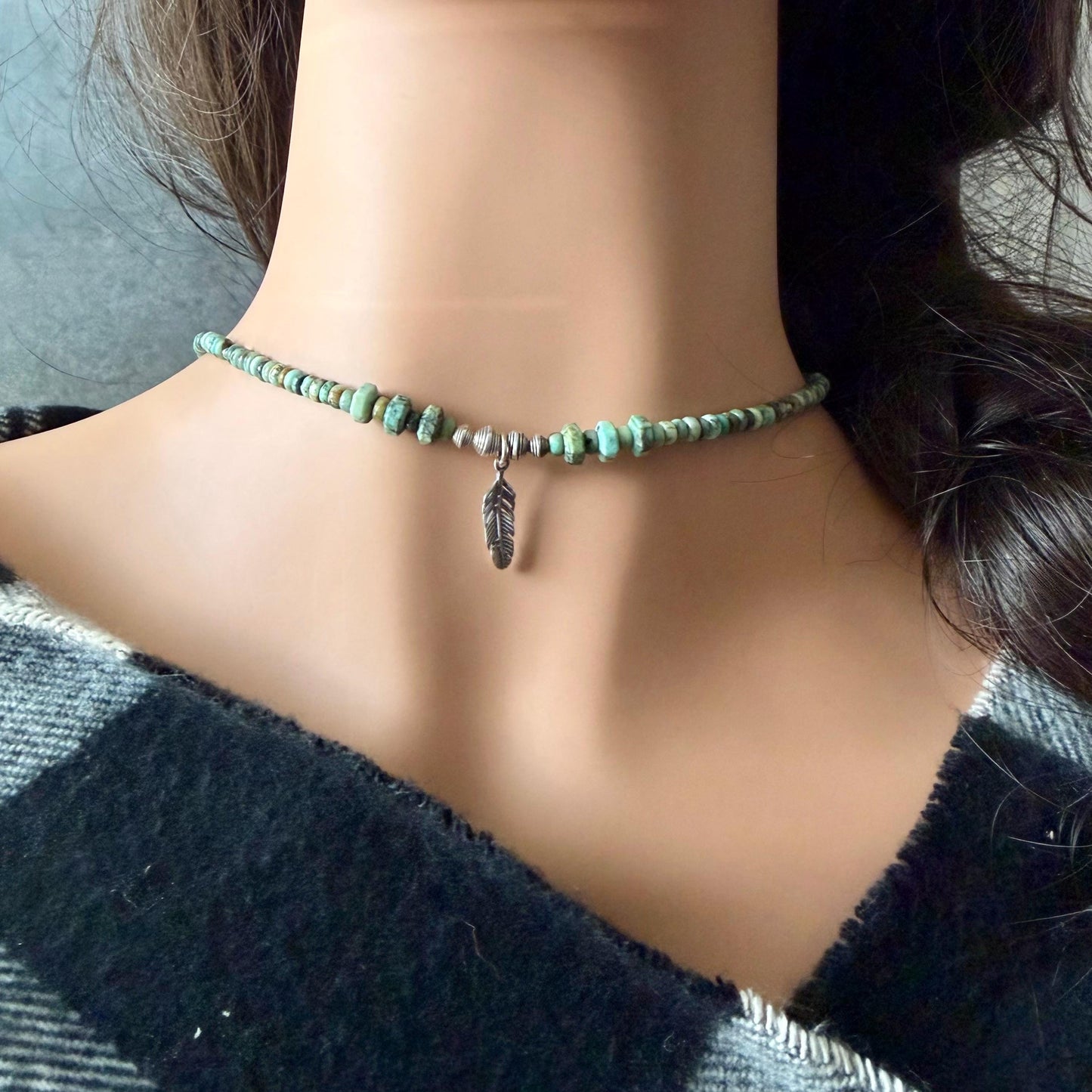 Sterling Silver Feather Pendant Choker with African Turquoise - Unisex Design