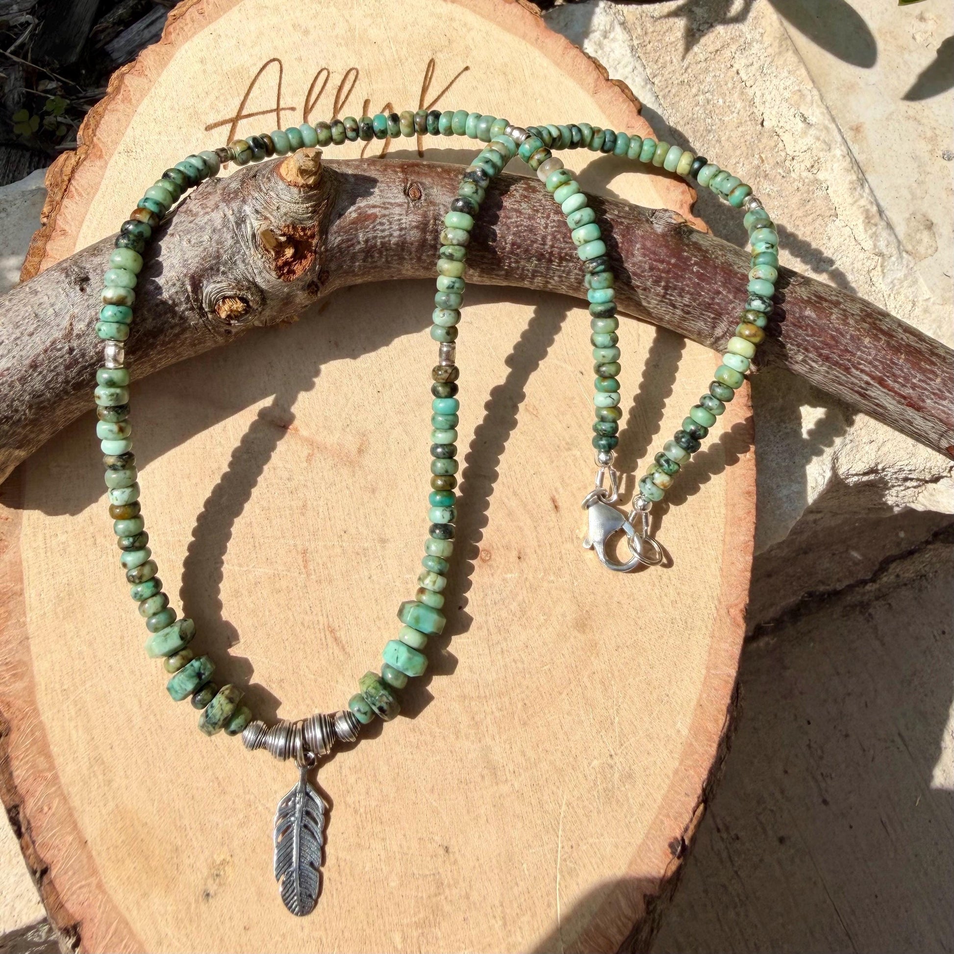 Sterling Silver Feather Pendant Choker with African Turquoise - Unisex Design