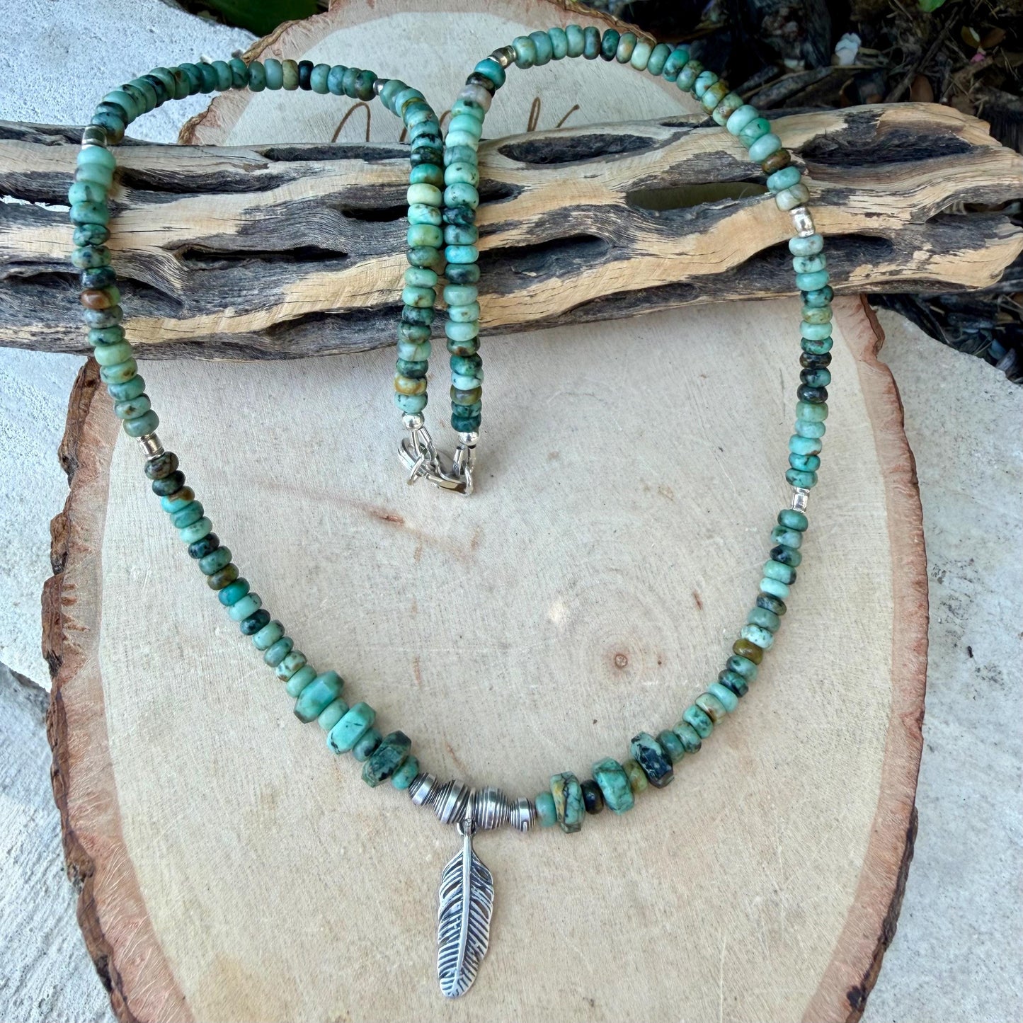 Sterling Silver Feather Pendant Choker with African Turquoise - Unisex Design