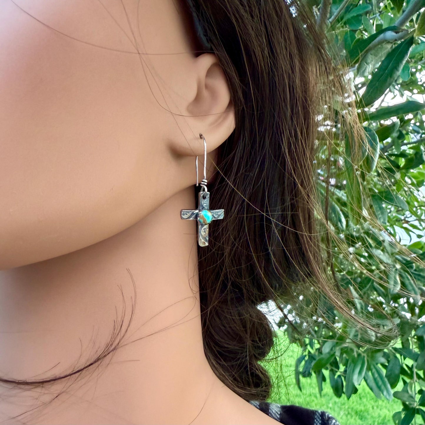 Sterling Silver Cross Earrings • Kingman Turquoise • Handmade Southwest Jewelry