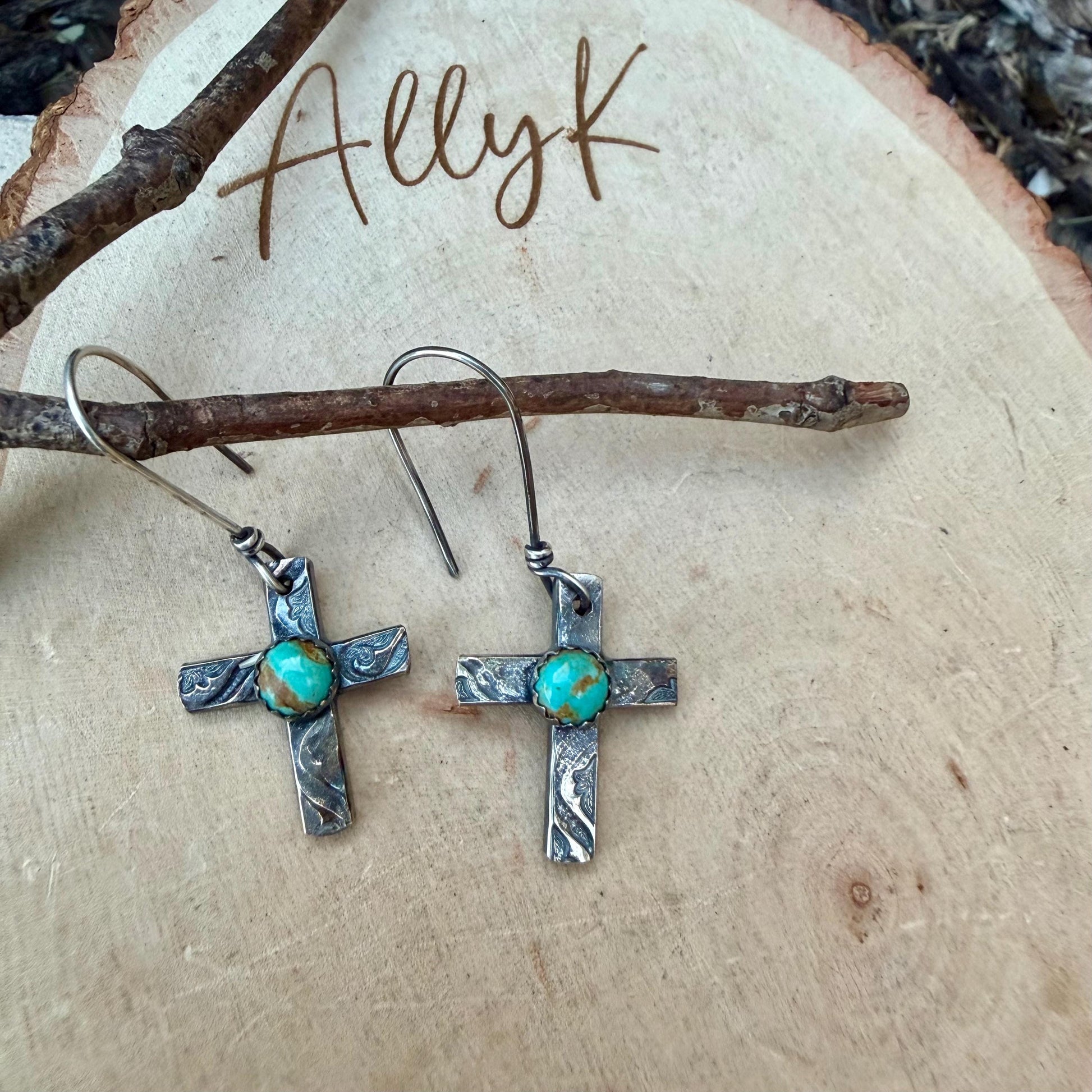 Sterling Silver Cross Earrings • Kingman Turquoise • Handmade Southwest Jewelry