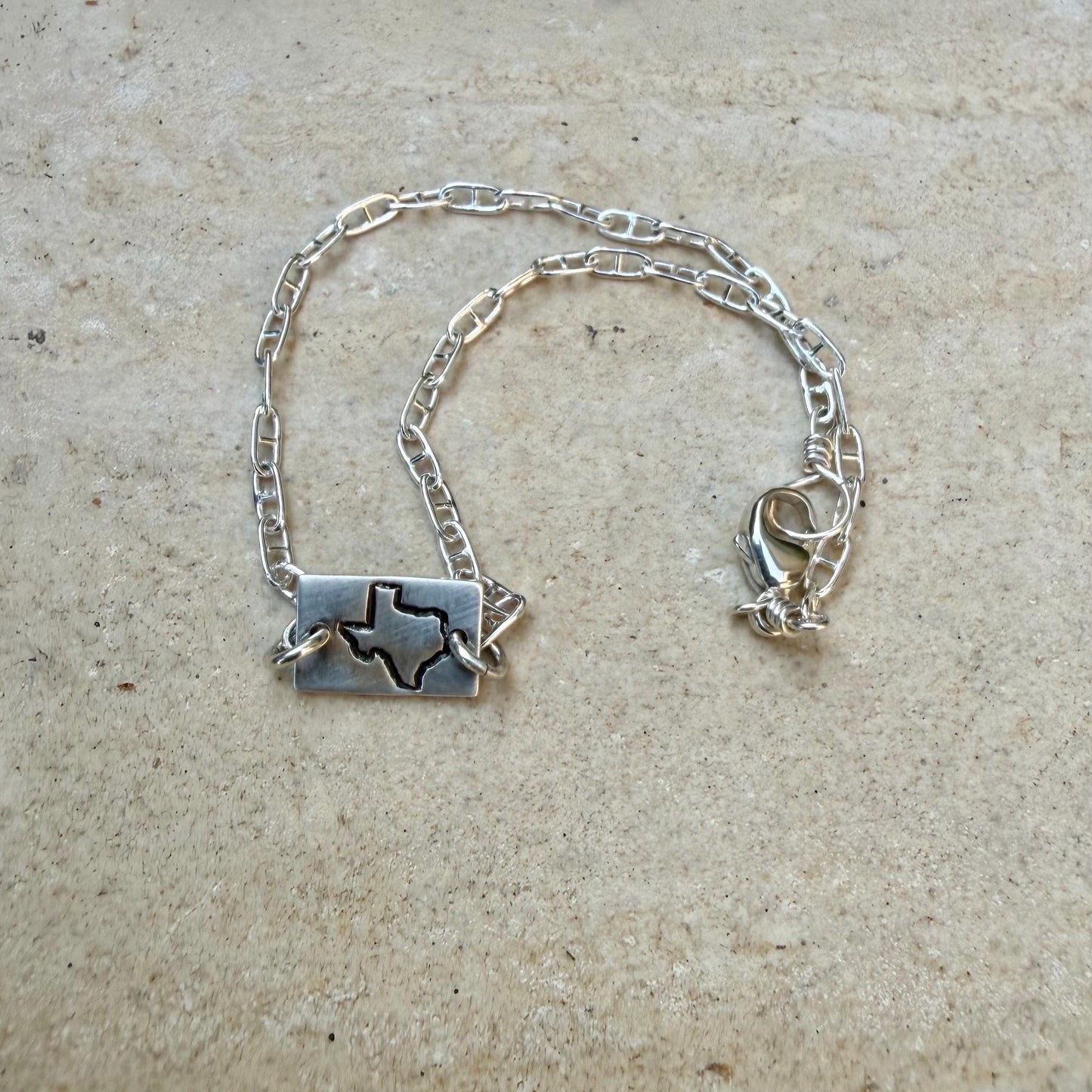 Sterling Silver Texas Anklet • Handmade Embossed State Charm • Southwest Dainty Jewelry